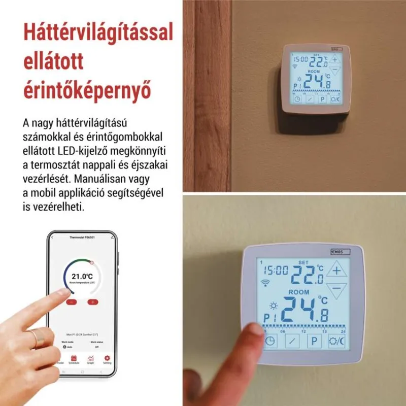 Egy okostelefon termosztát alkalmazást mutat. Egy ujj érinti a képernyőt.