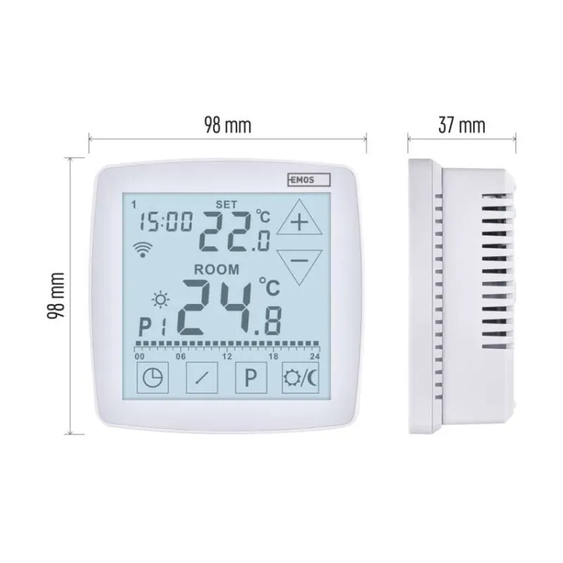 Digitális termosztát kijelző: beállított hőm. 22,8C, szoba hőm. 24,8C, idő 15:00.