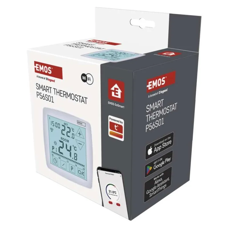 EMOS Smart Thermostat P56S01 doboza, termosztát kijelzőt és app ikonokat mutat.