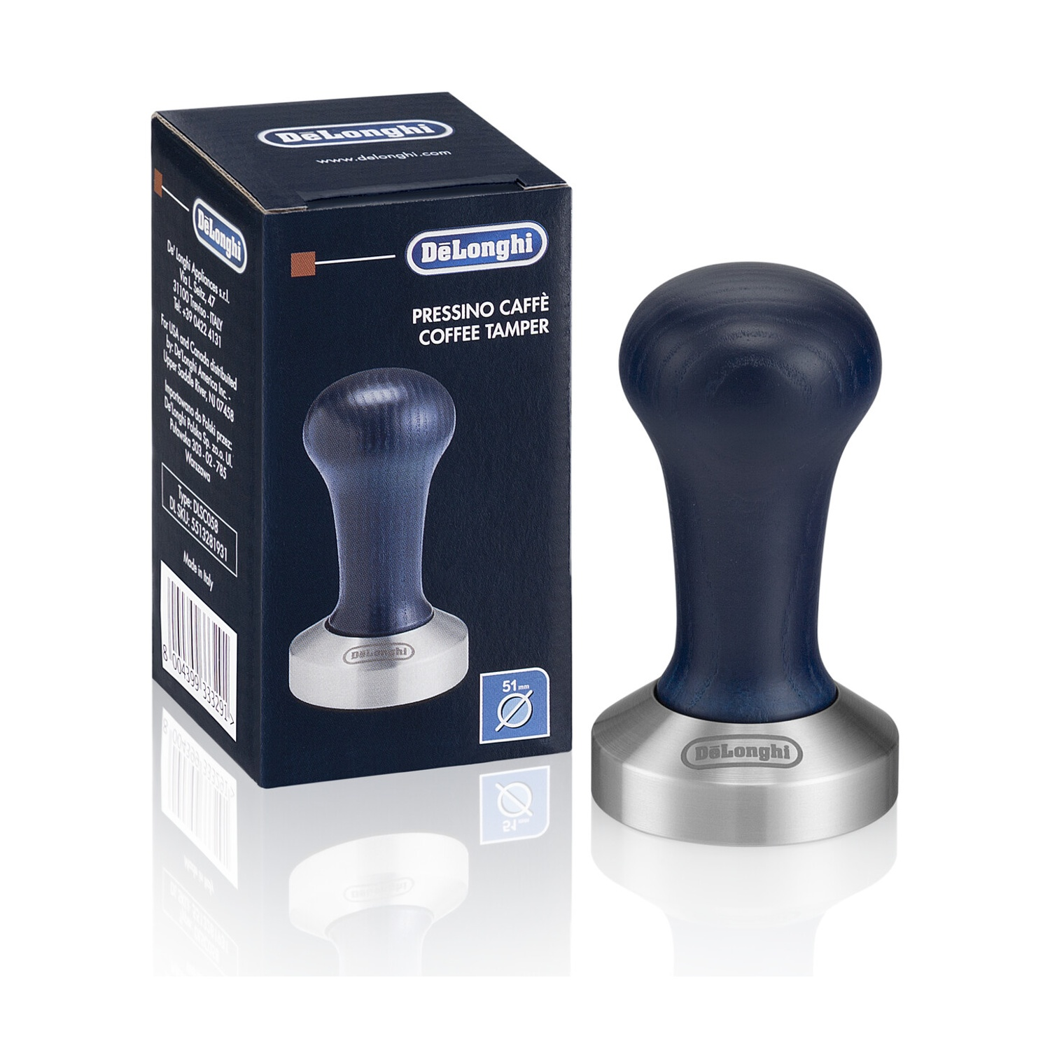 Un pressino da caffè DeLonghi in legno blu con base in acciaio inossidabile accanto alla sua confezione.