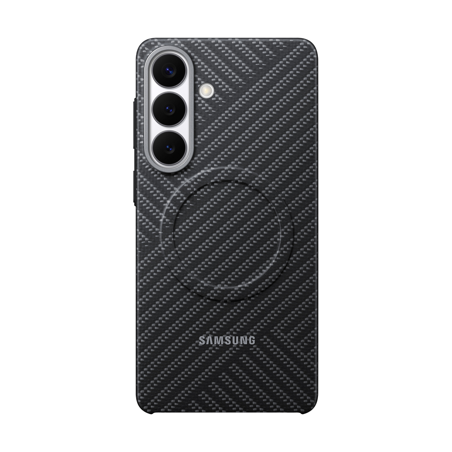 Custodia nera per telefono con motivo in fibra di carbonio, foro fotocamera e logo Samsung.