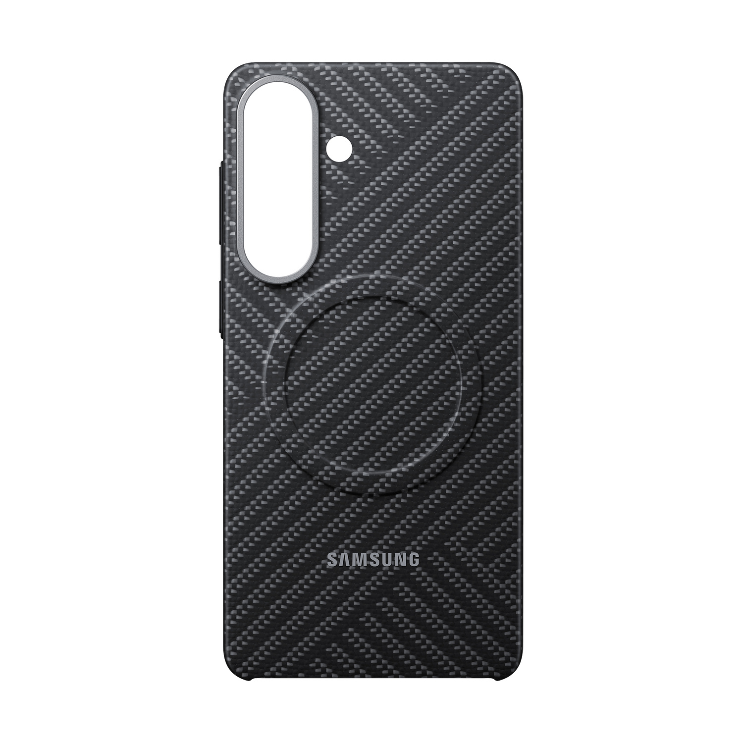 Custodia nera per telefono con motivo in fibra di carbonio, ritaglio fotocamera e logo Samsung.