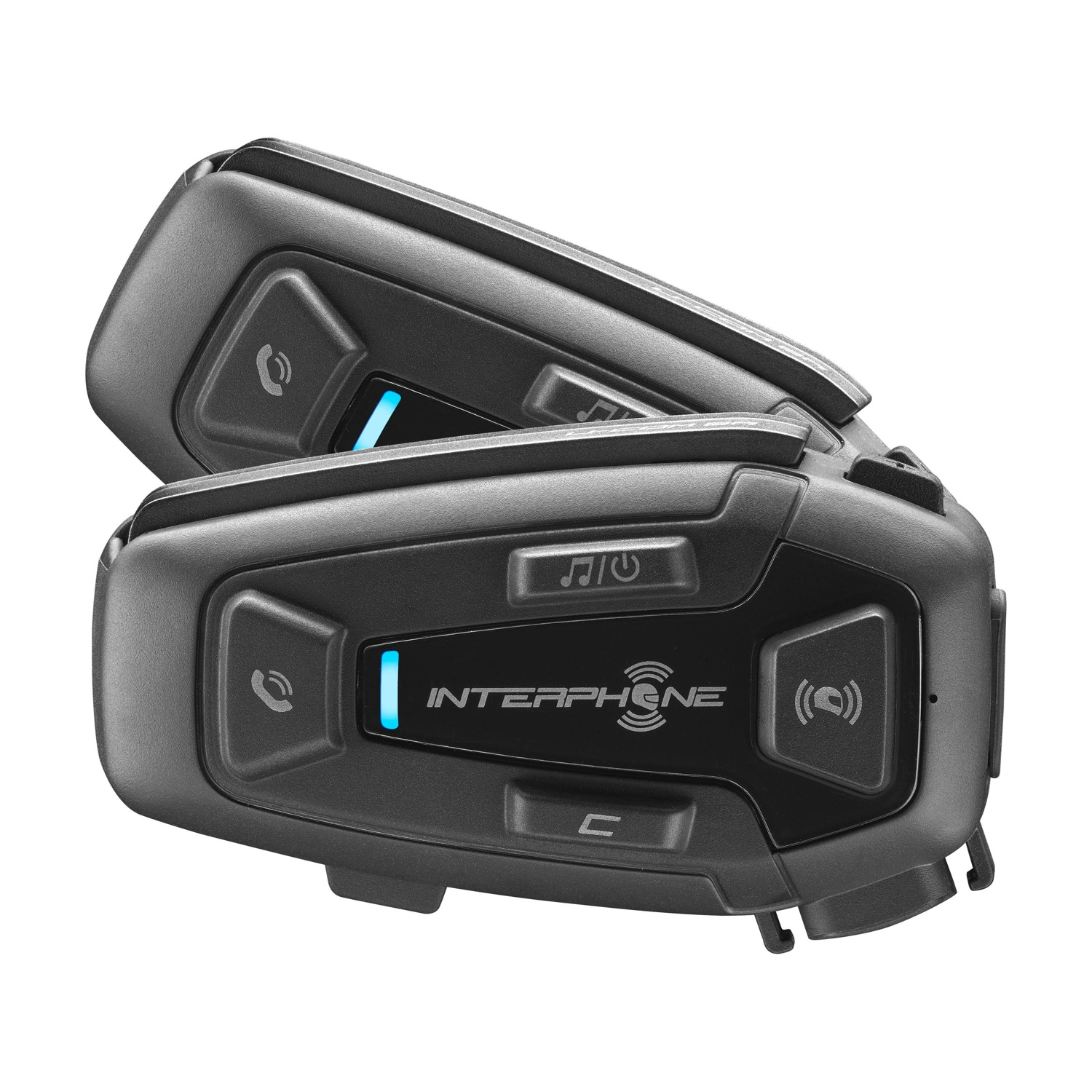 Due dispositivi di comunicazione moto neri con luci blu uno accanto all'altro.