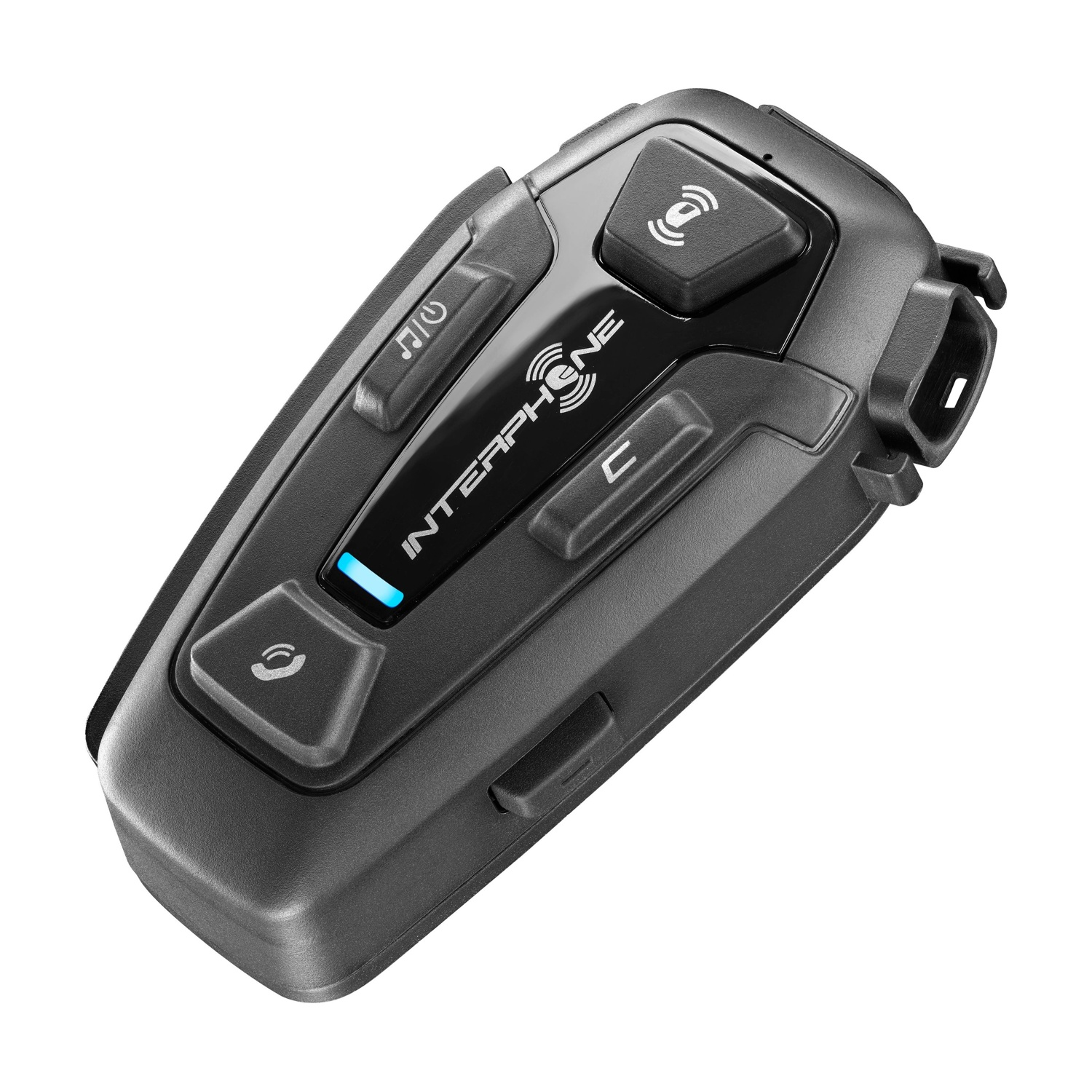 Un dispositivo di comunicazione per moto nero con pulsanti e luce blu.