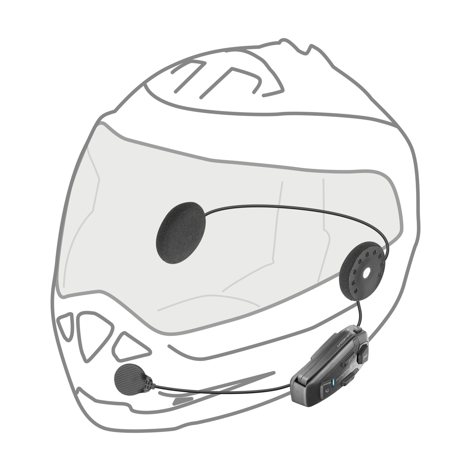 Schema di casco da moto con sistema interfono allegato: altoparlanti, microfono, unità di controllo.