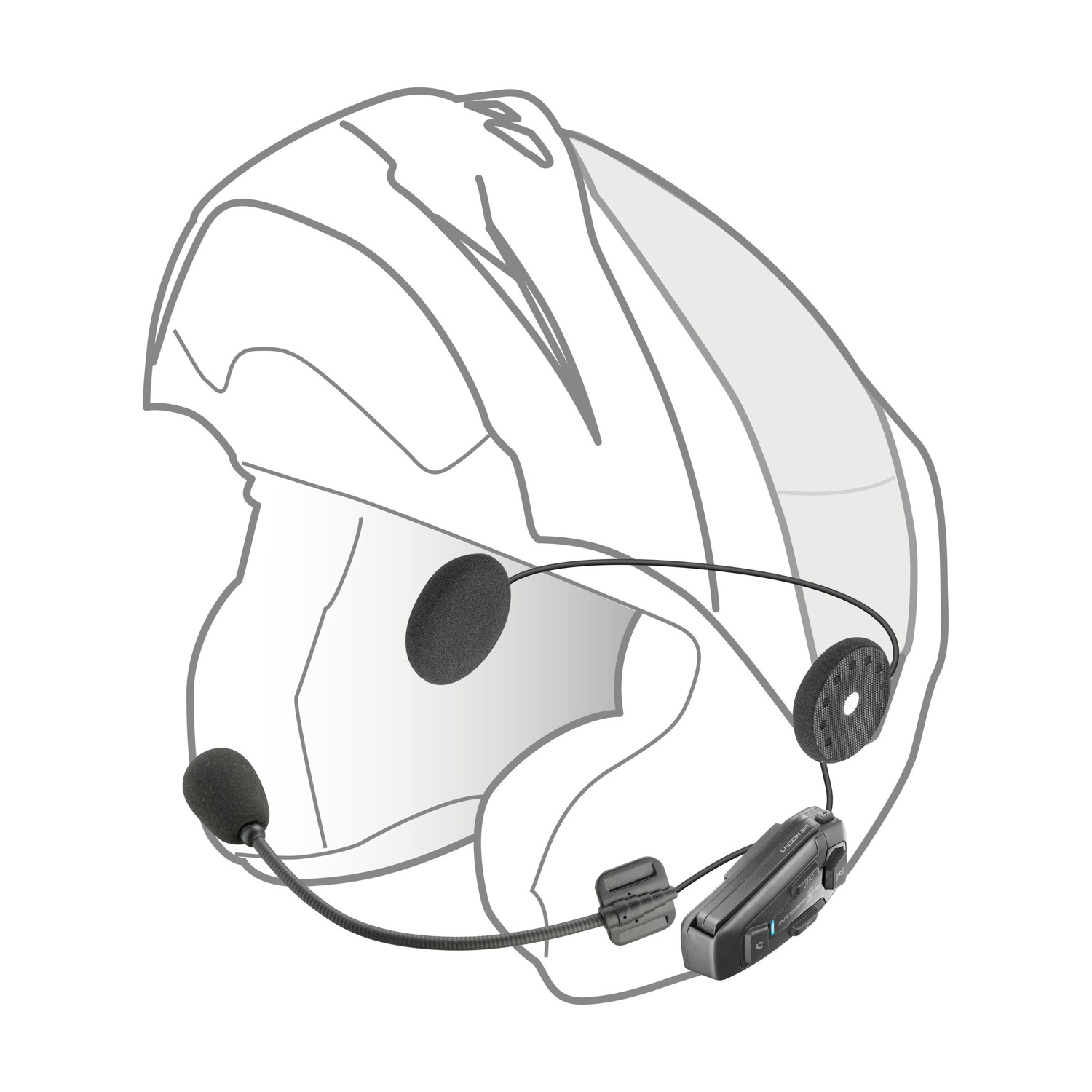 Casco con sistema di comunicazione integrato: microfono, altoparlante e unità.