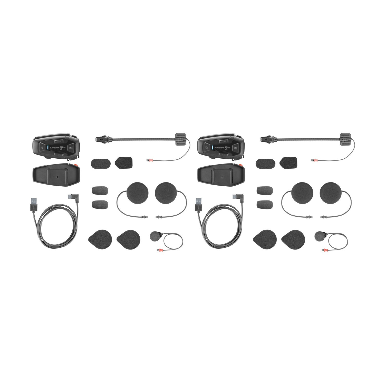Tre kit di comunicazione per moto con dispositivi, microfoni e cavi neri.