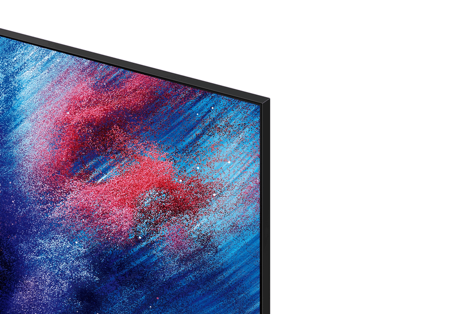 Un borde de pantalla negro con un patrón abstracto de pinceladas azules y rojas.
