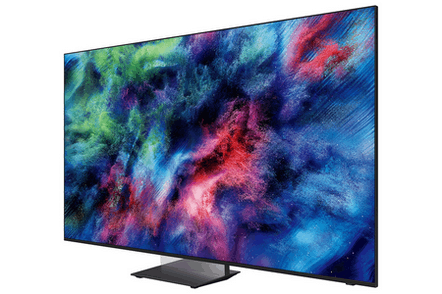 Televisor moderno que muestra una imagen de fondo colorida y abstracta.