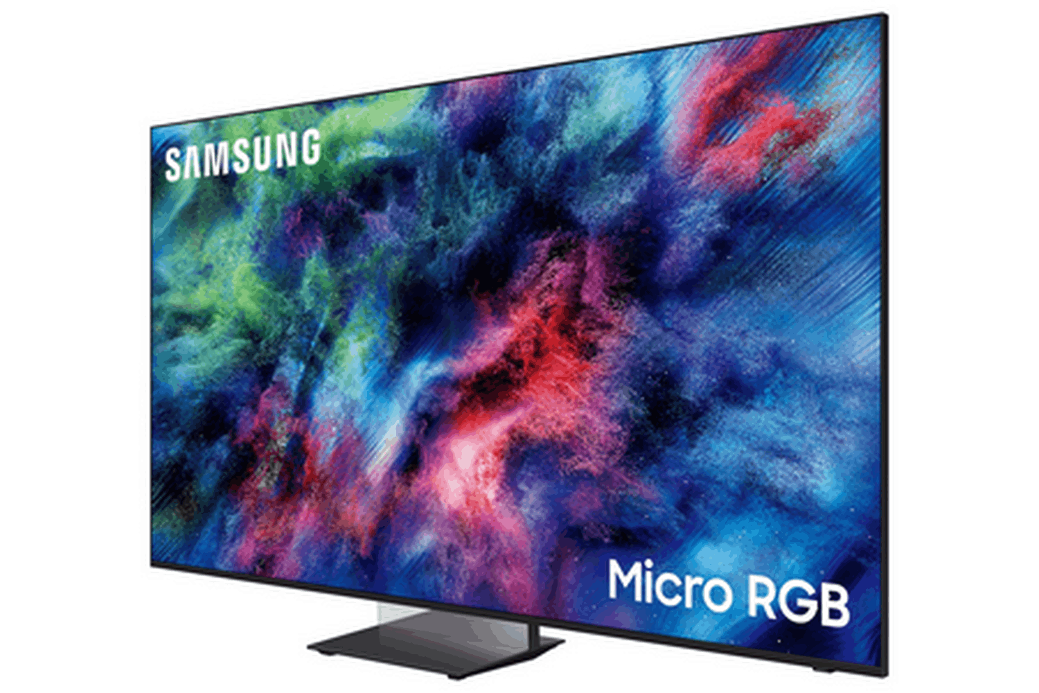 Televisor Samsung Micro RGB con fondo abstracto y colorido.