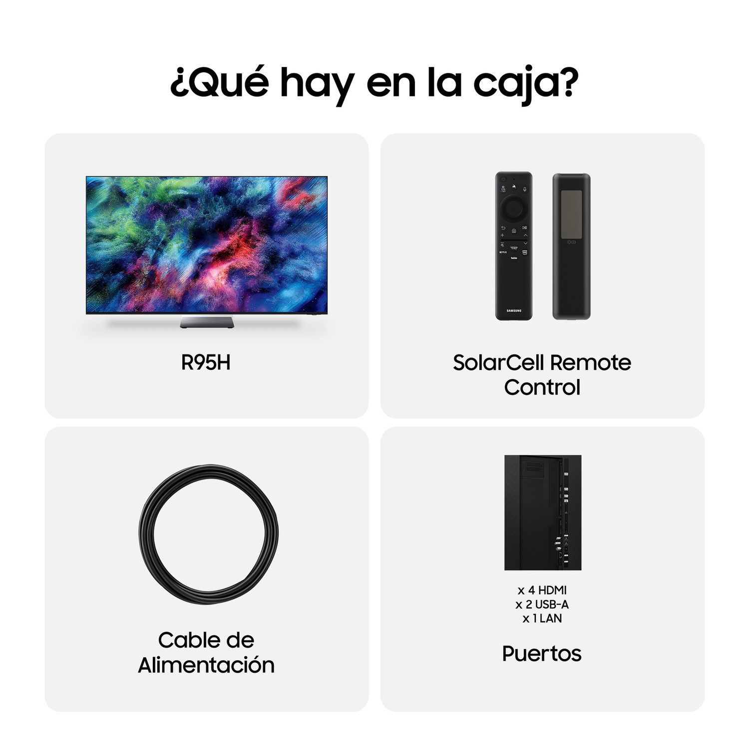 Se muestran una pantalla, dos mandos, un cable y puertos.