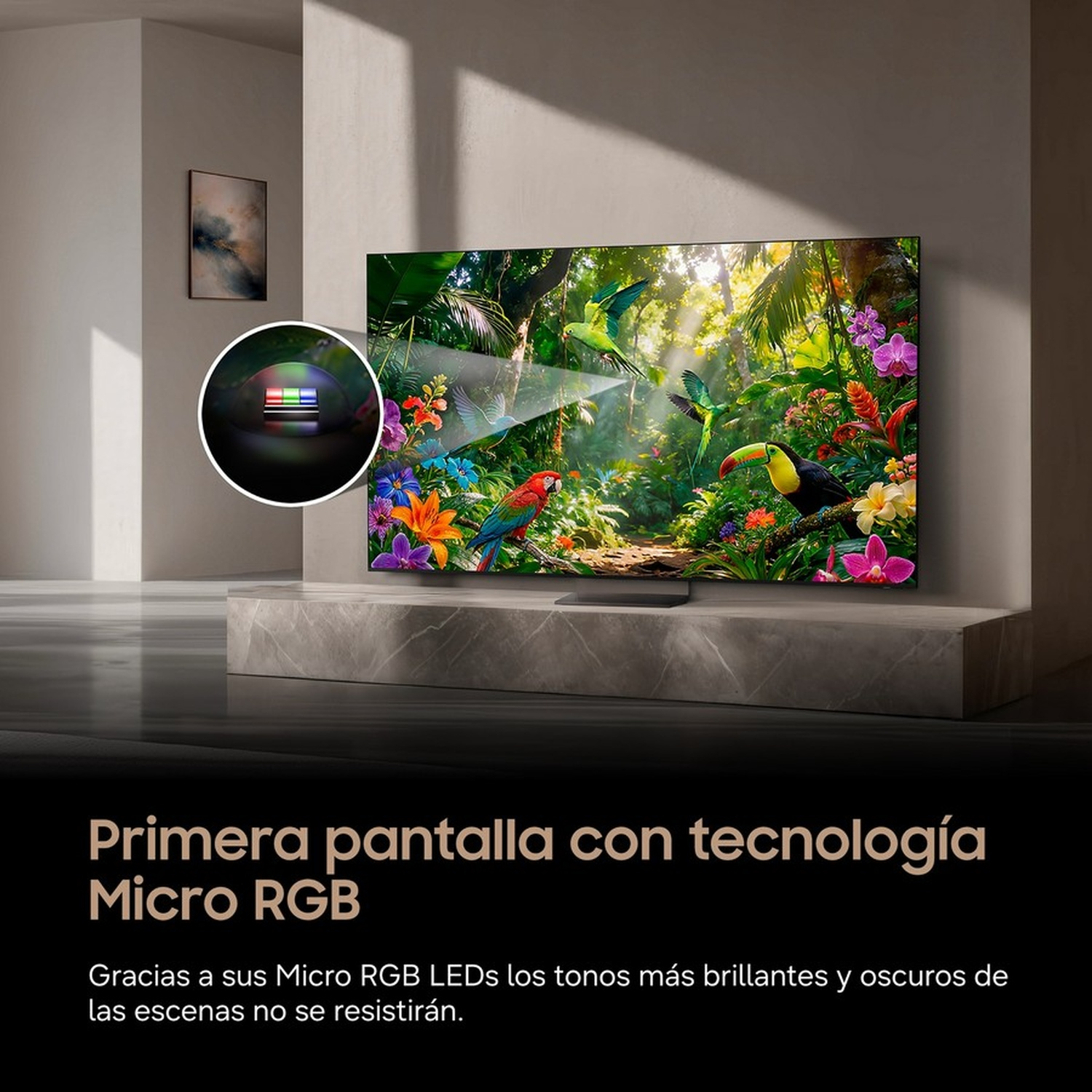 Un televisor moderno muestra una vibrante escena de jungla con aves y flores.