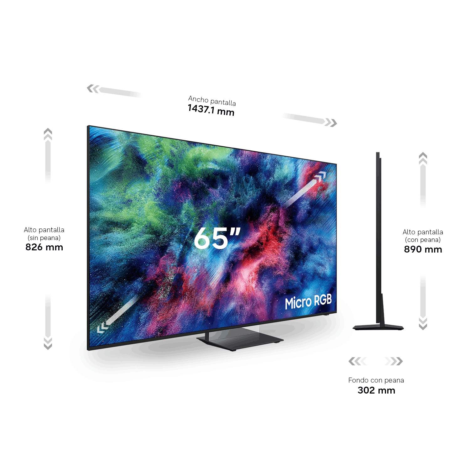 Un televisor Micro RGB de 65 pulgadas con visuales coloridas abstractas y medidas.