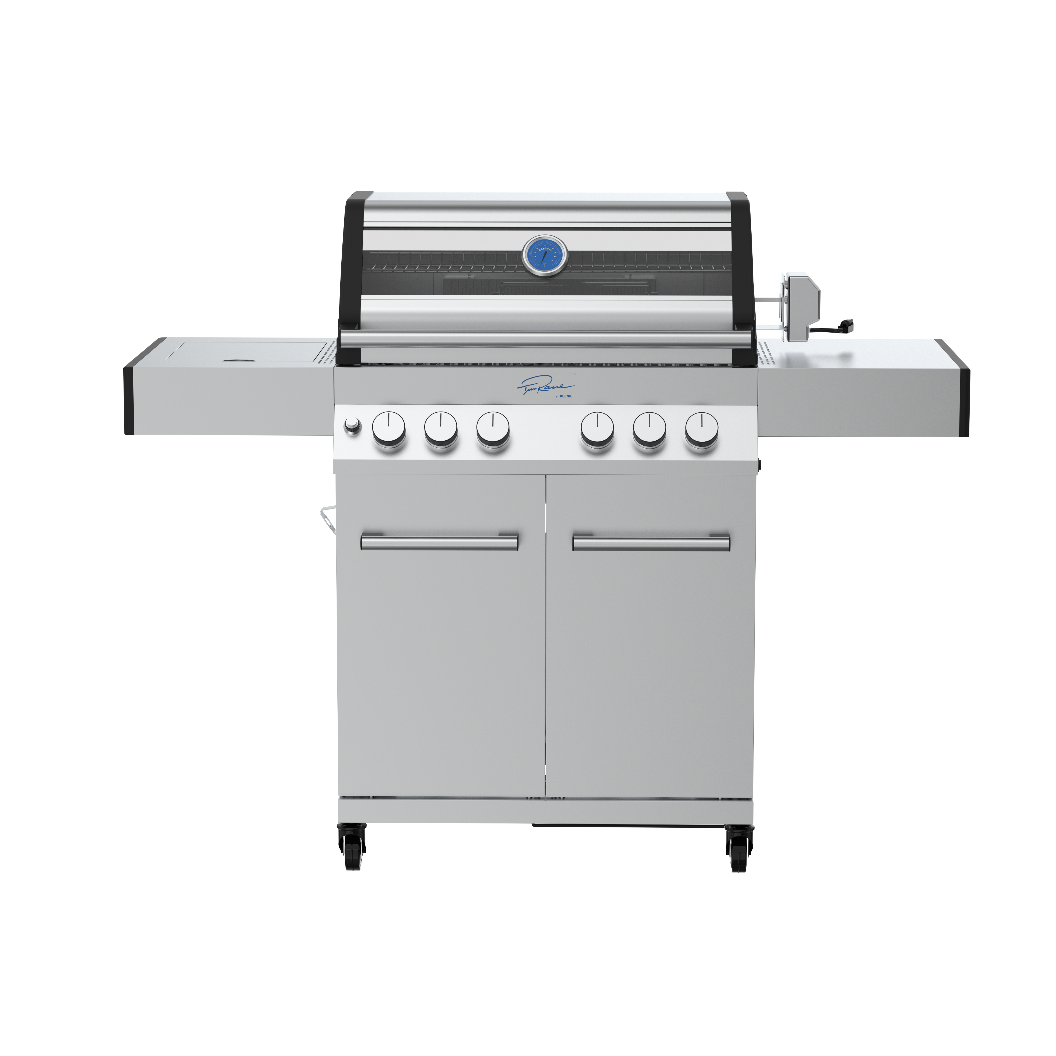 Ein silberner Grill mit fünf Knöpfen und einem Thermometer, auf Rädern.