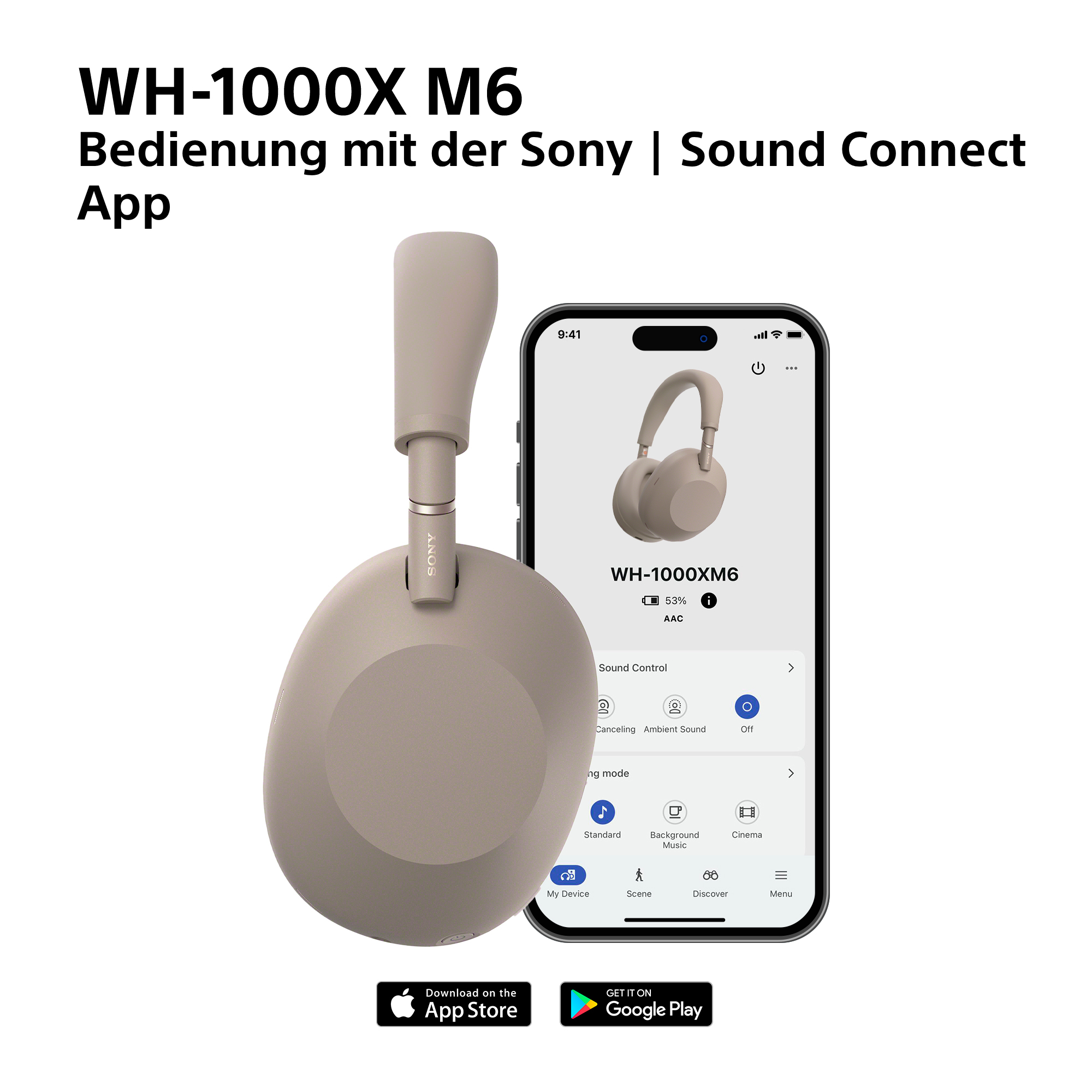 Sony WH-1000XM6 Kopfhörer mit App-Steuerung auf einem Smartphone.