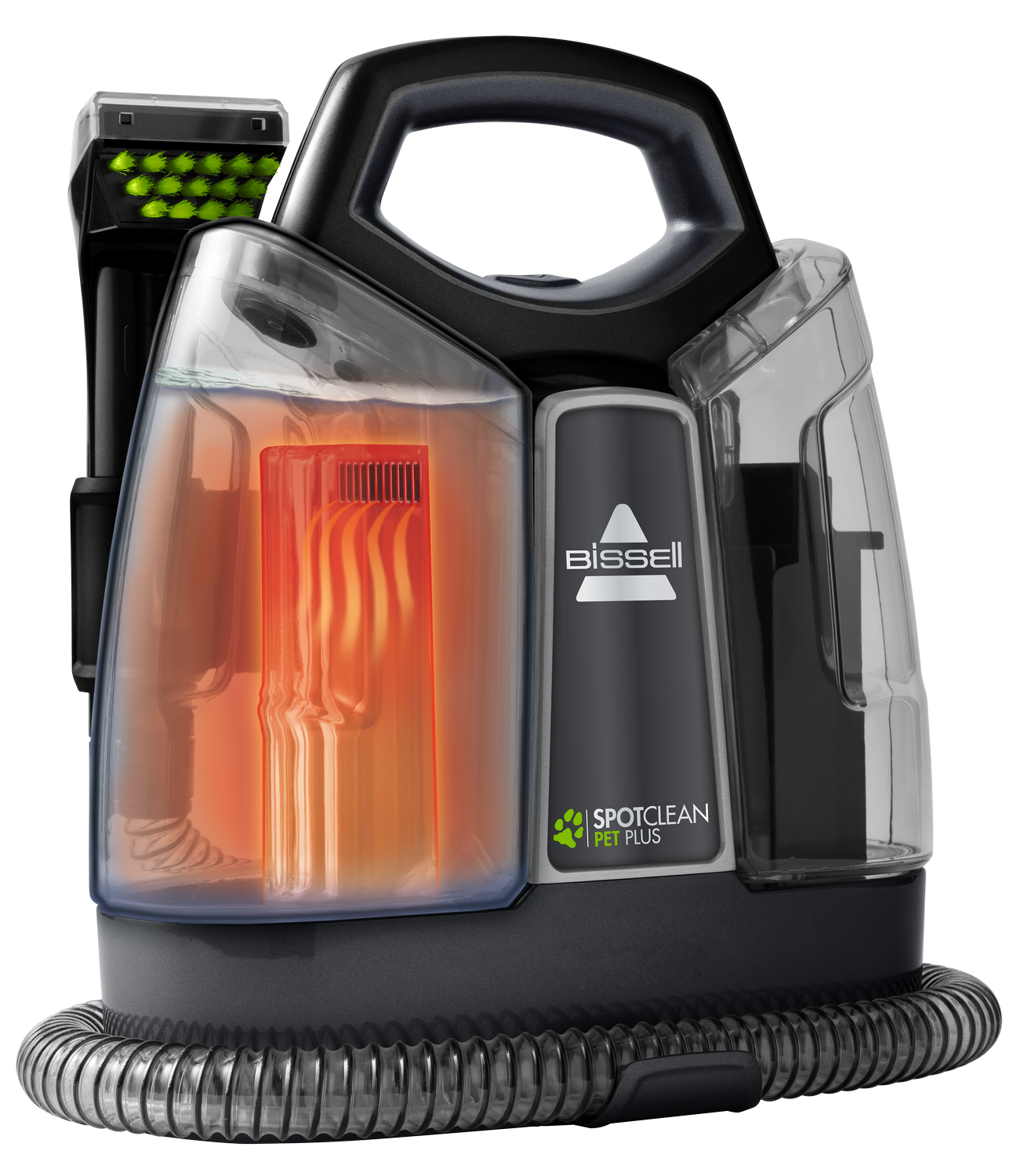 Un limpiador portátil Bissell SpotClean Pet Plus con tanque transparente y elemento calefactor.