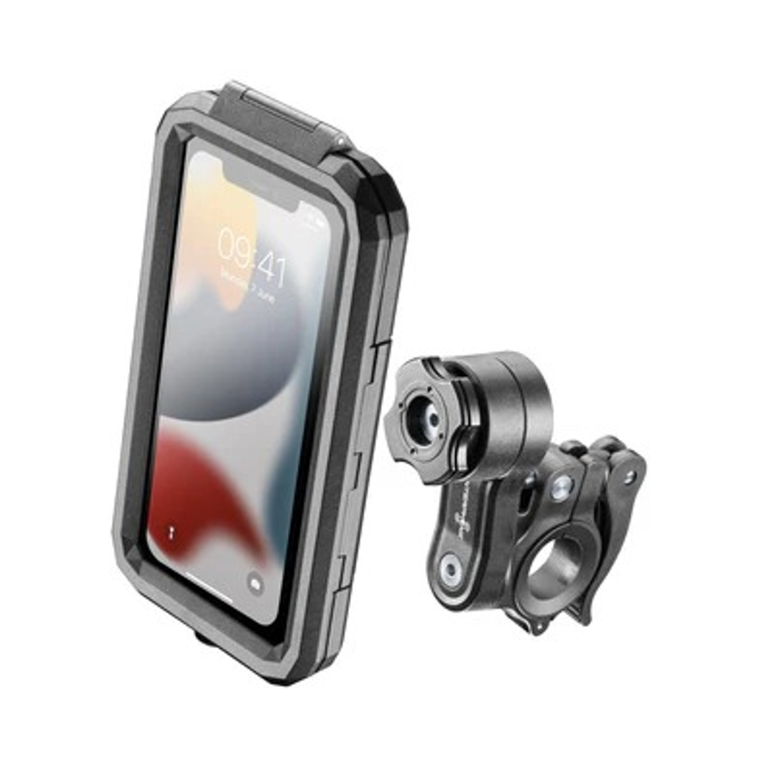 Una custodia robusta per smartphone e un supporto per bicicletta su sfondo bianco.