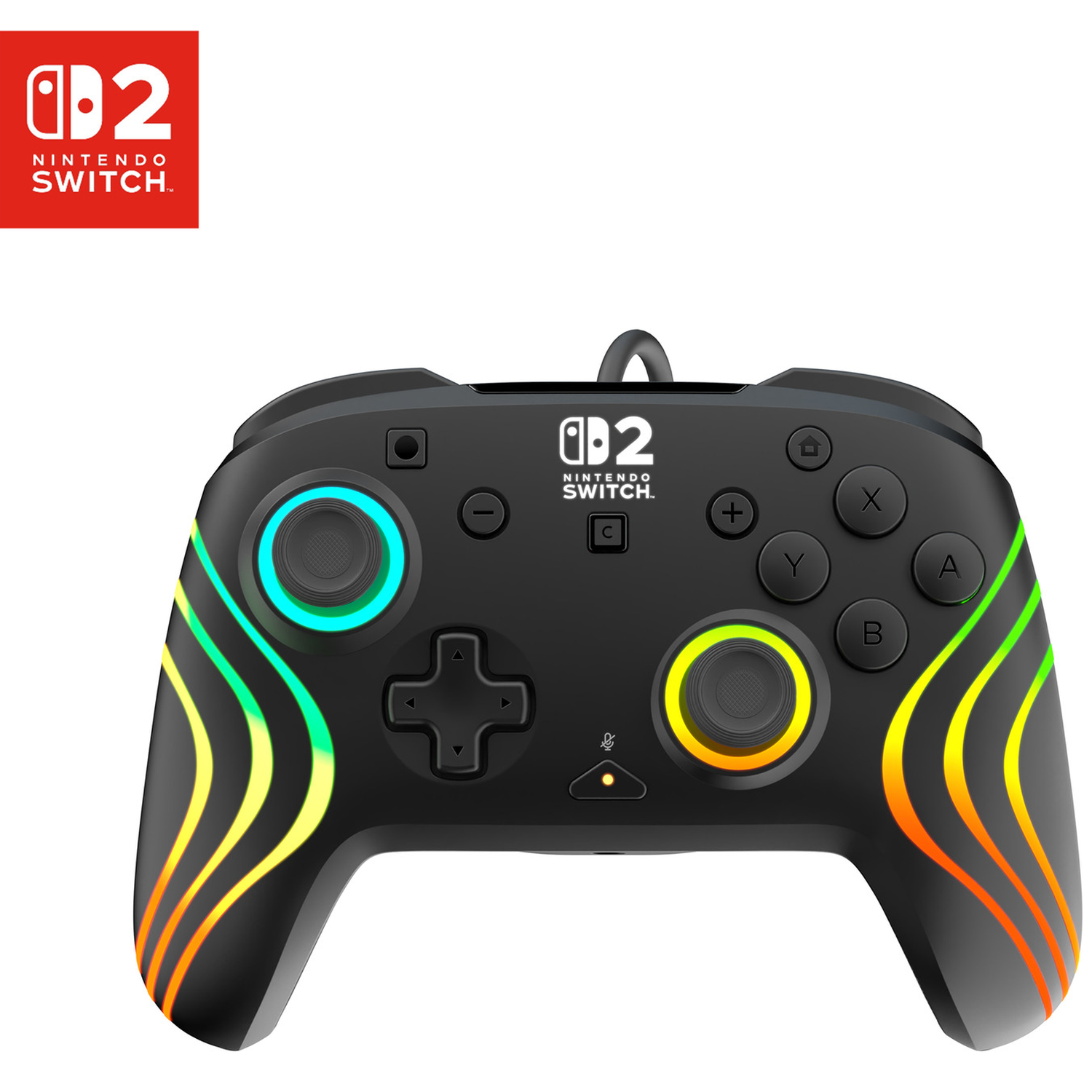 Black controller with colorful lights, Nintendo Switch logo.