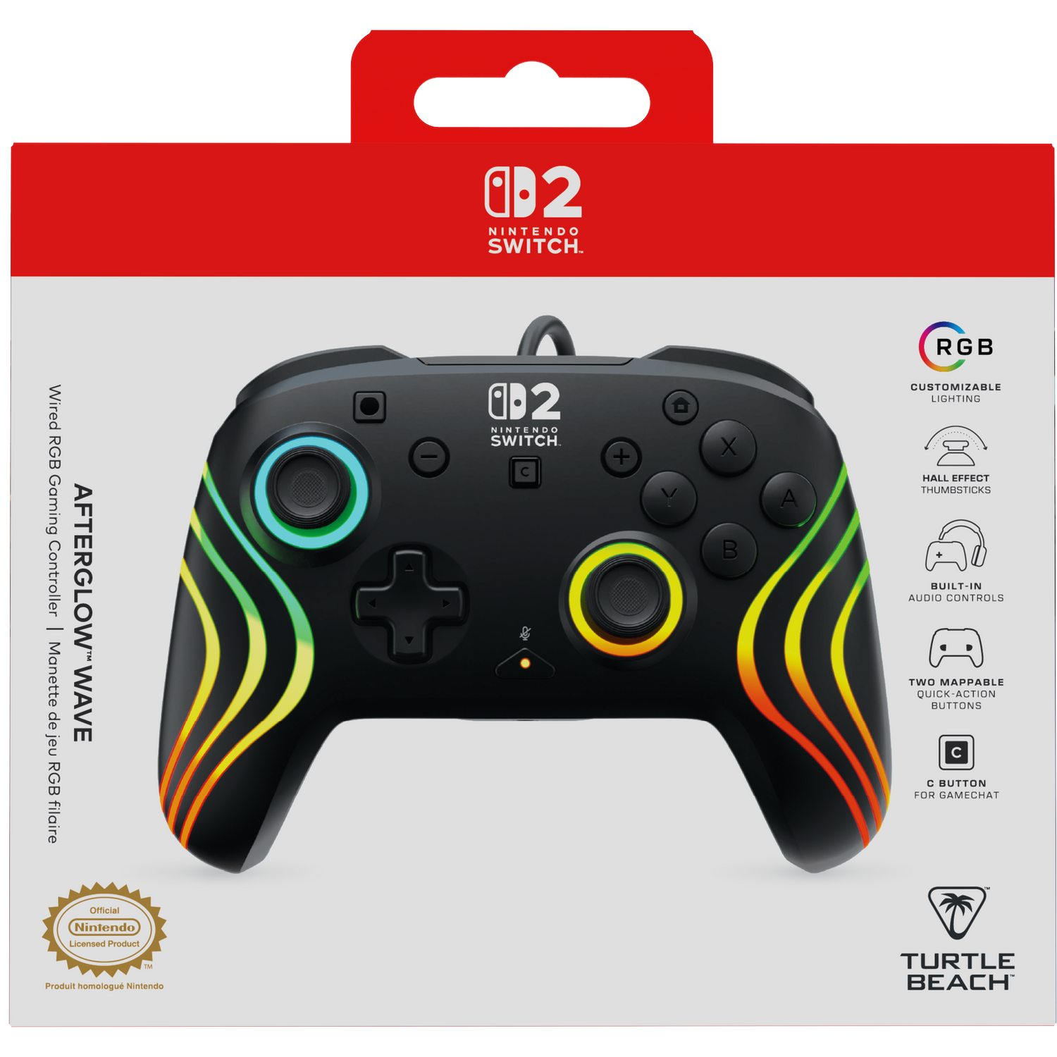 Black Nintendo Switch controller with yellow, green, and orange wave pattern, RGB lighting.
