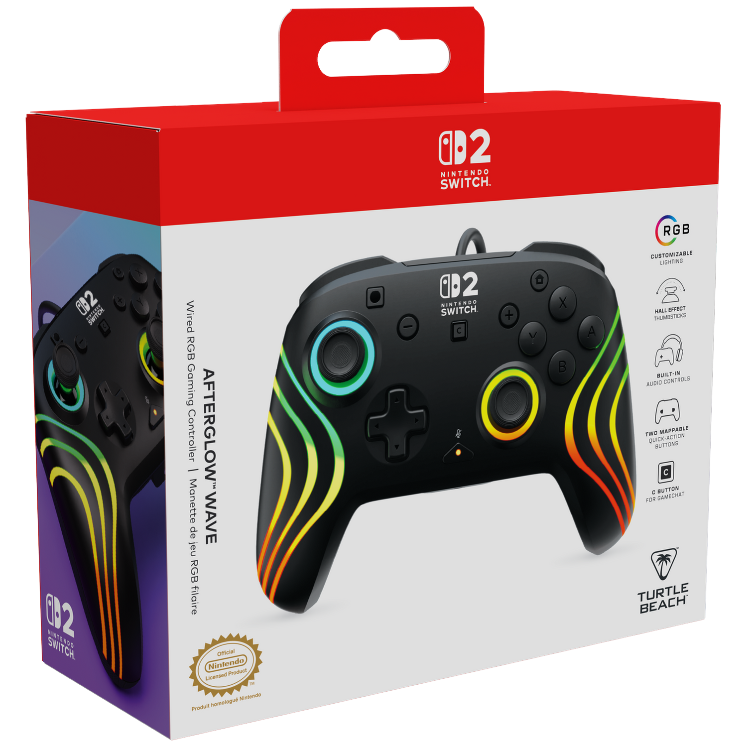 Black Nintendo Switch controller with RGB lighting and wave patterns.