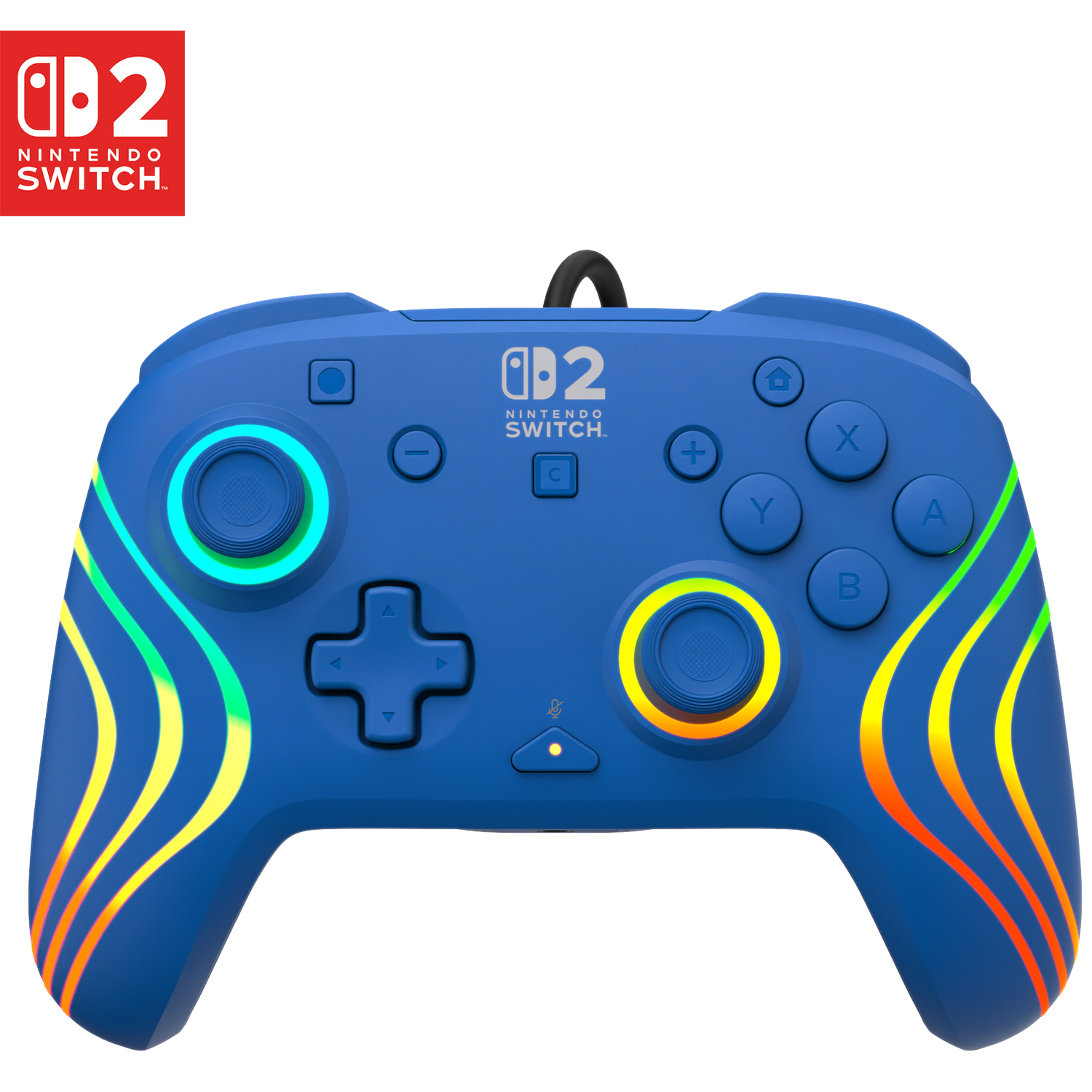 A blue Nintendo Switch controller with colorful light strips and the Nintendo Switch logo.
