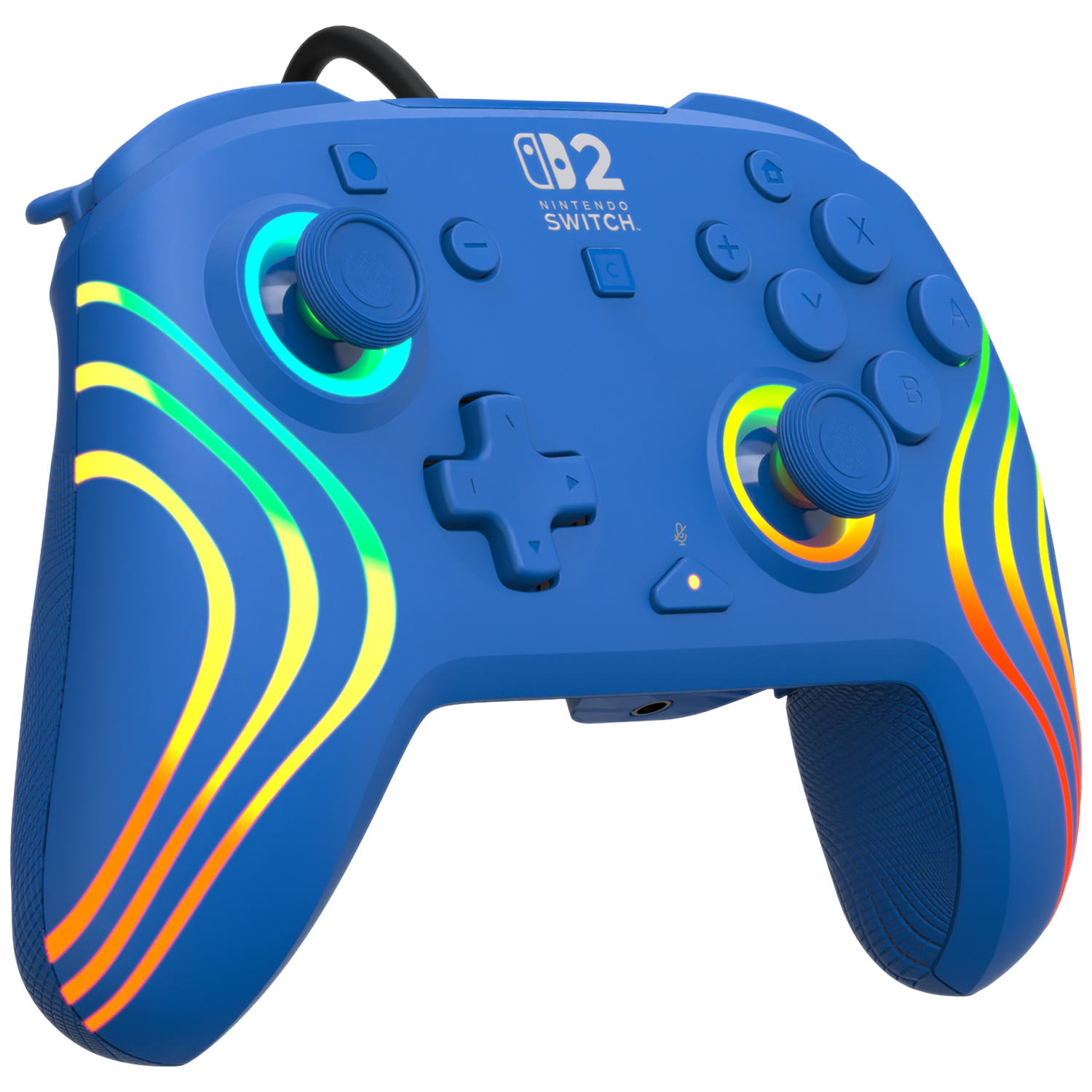 A blue Nintendo Switch controller with rainbow LED stripes and black grips.