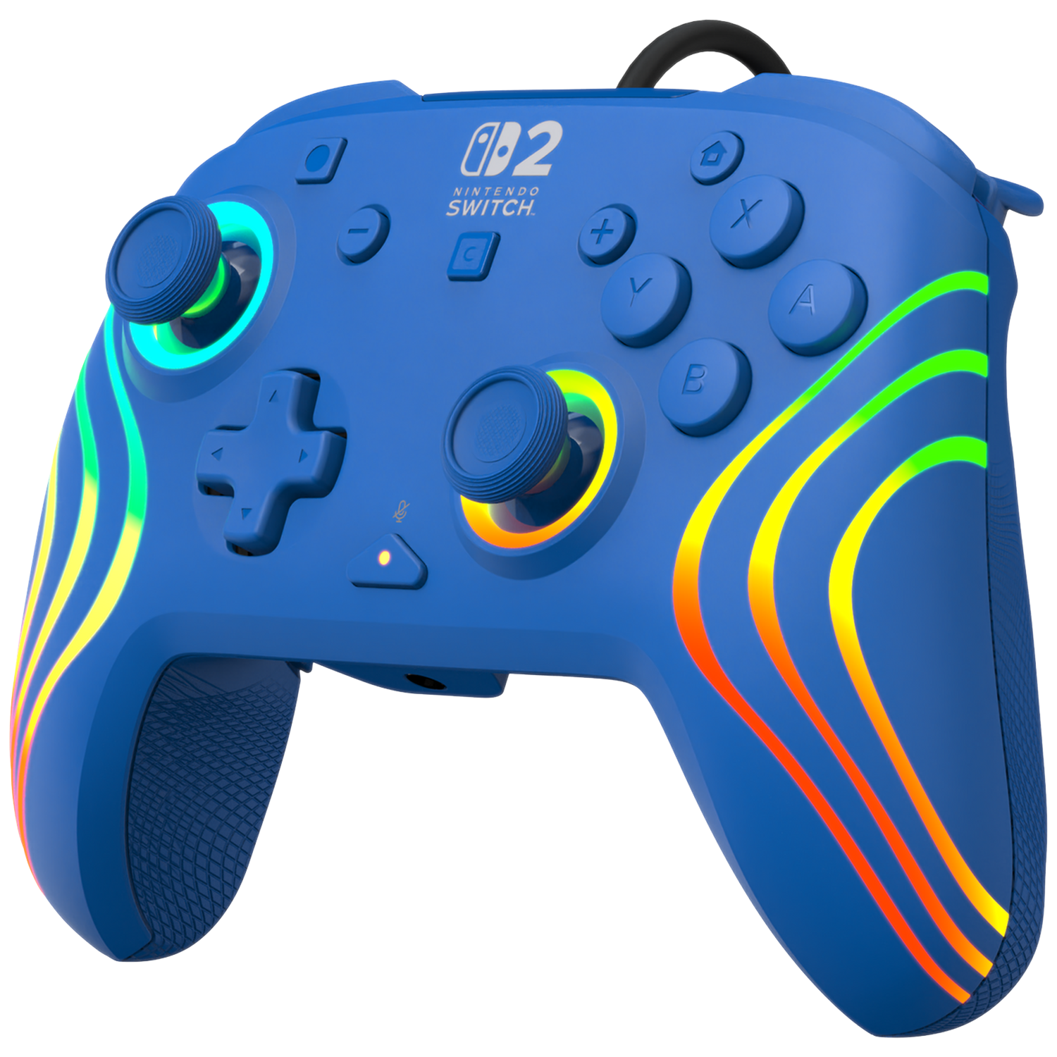 A blue Nintendo Switch controller with colorful stripes and illuminated joysticks.