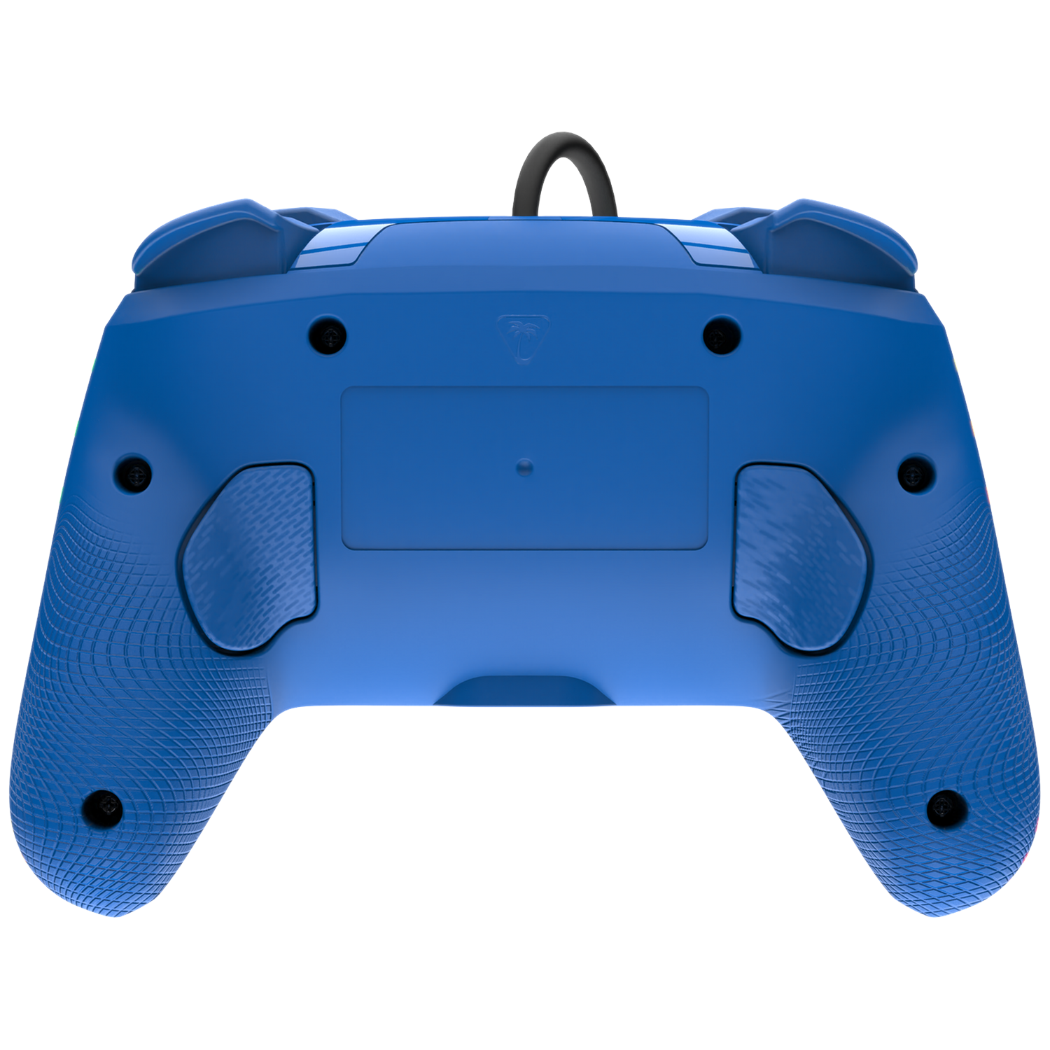 Blue gaming controller seen from behind, with black grips and cable.