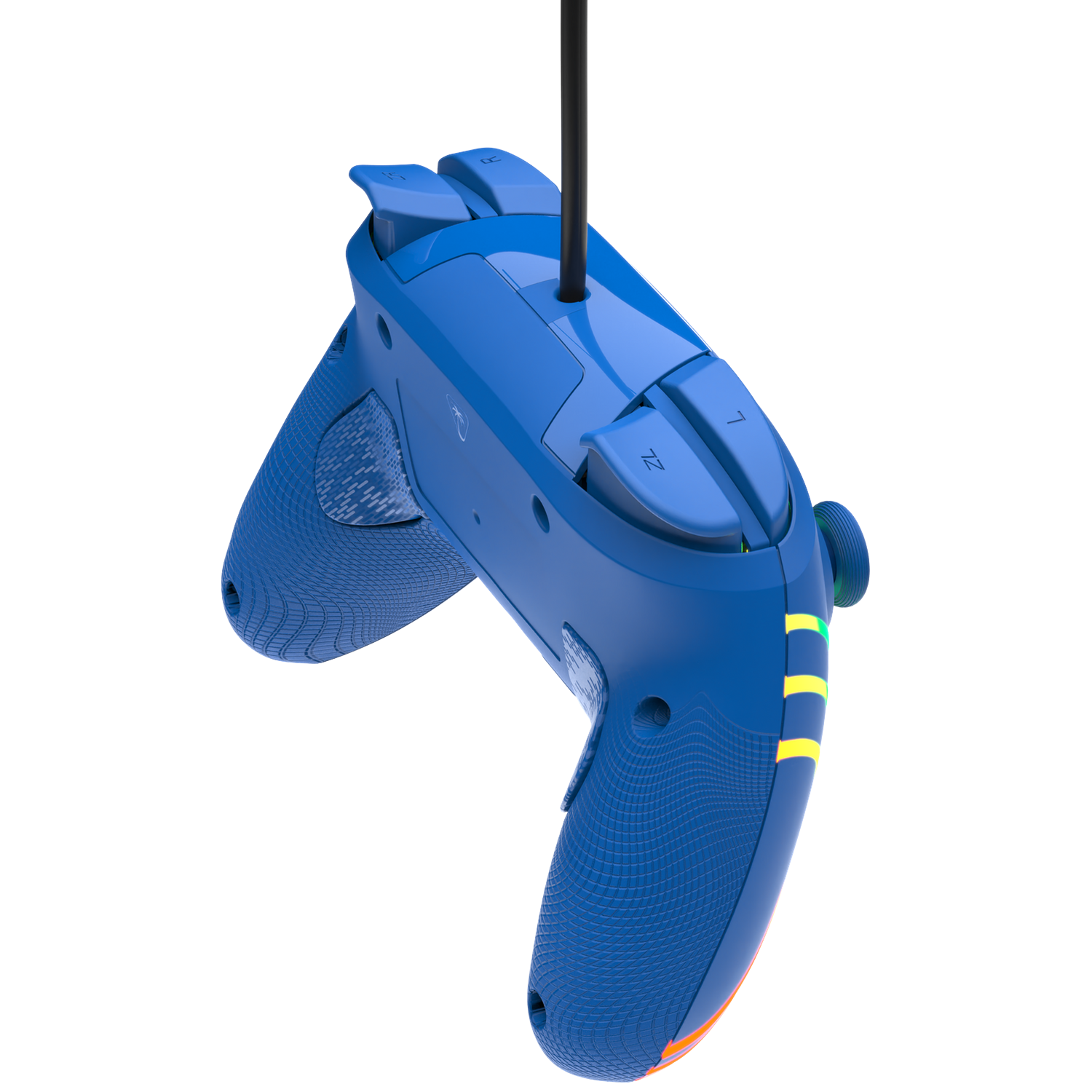 A blue controller with black accents and illuminated stripes hangs from a cable.