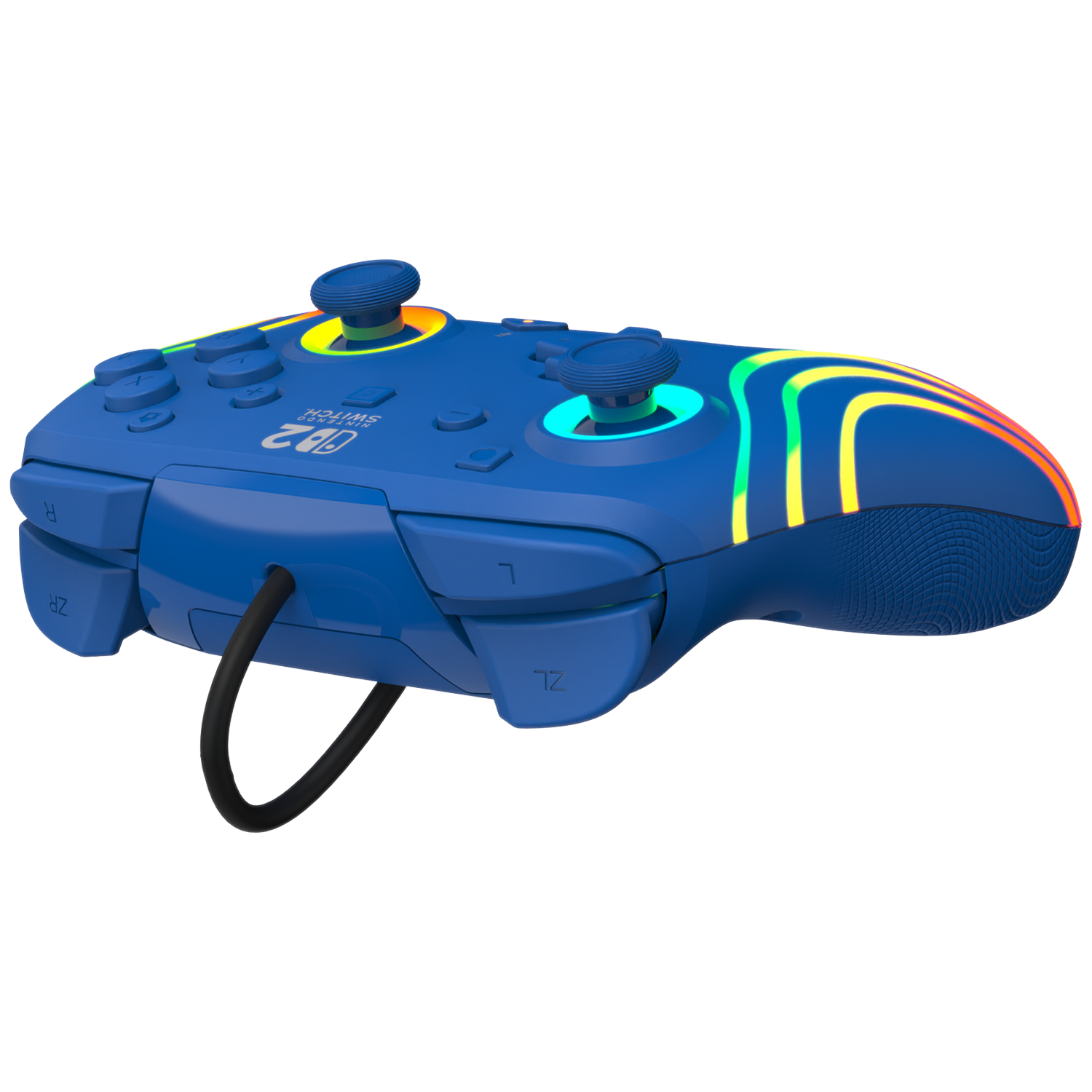A blue video game controller with colorful LED lights on the buttons and sides.