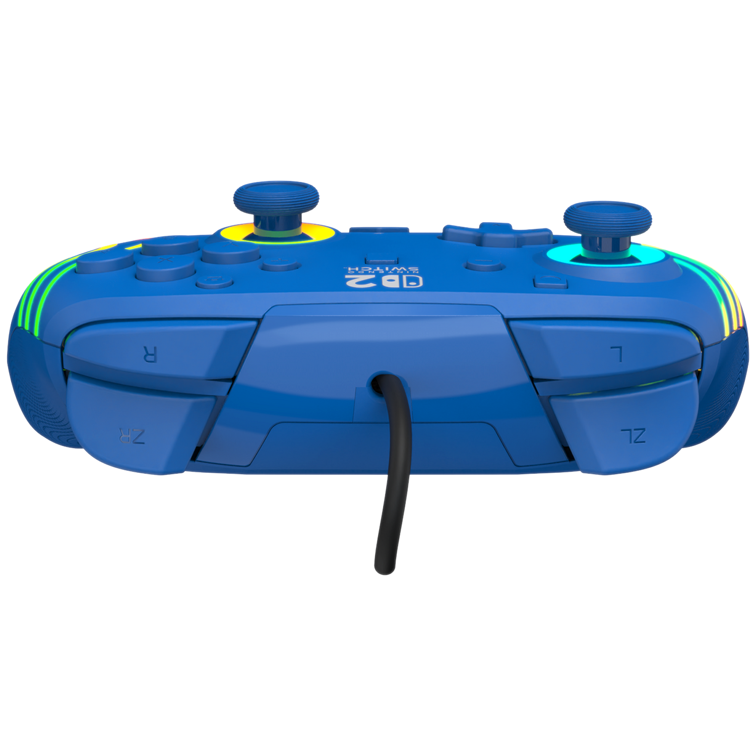 A blue Nintendo Switch controller with yellow and teal lights and a black cord.