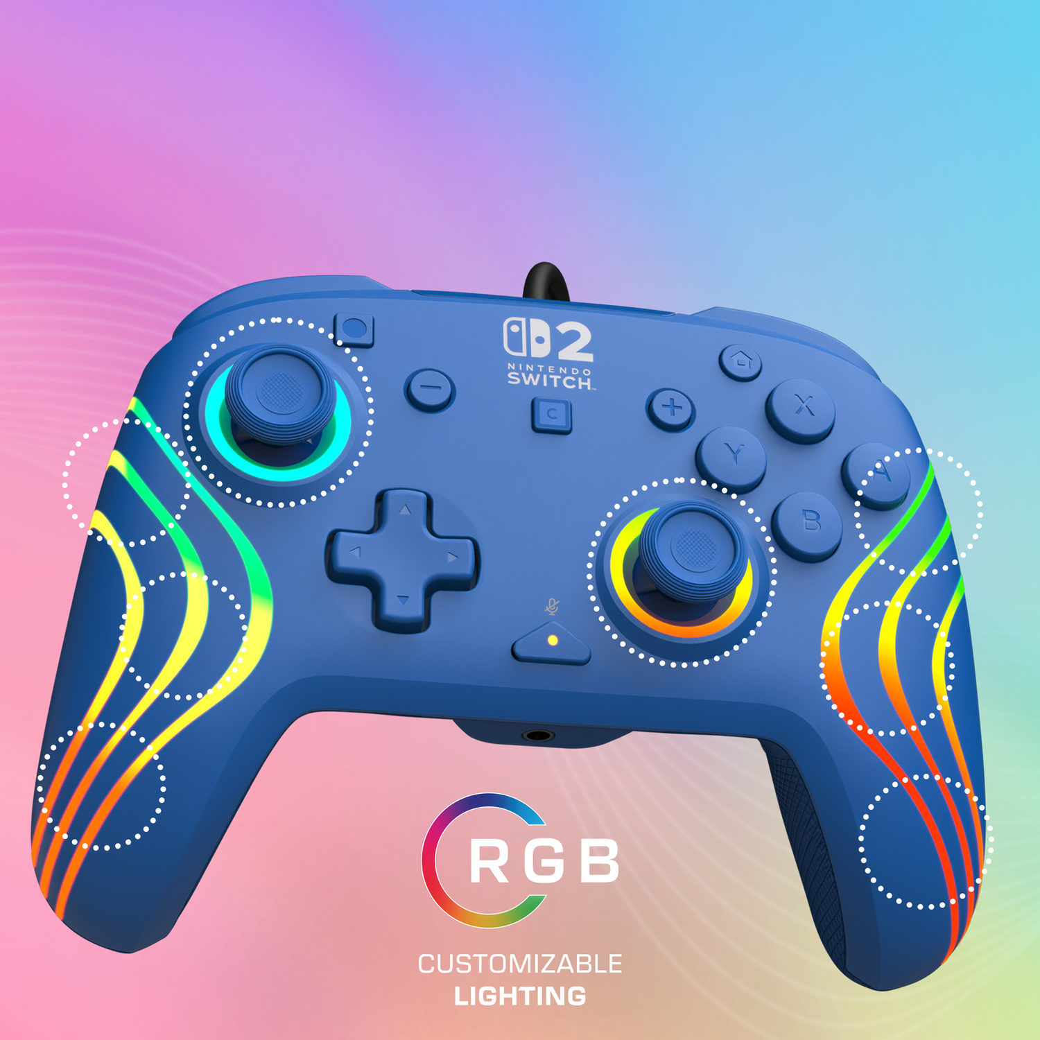 Blue Nintendo Switch controller with RGB lighting and wave patterns.