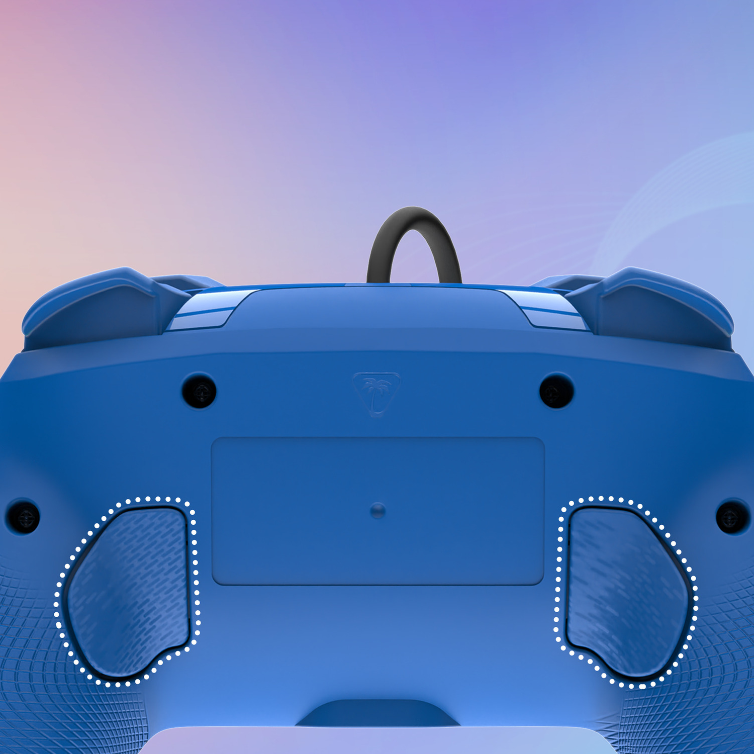 Blue controller grip with textured inserts and a black cable.