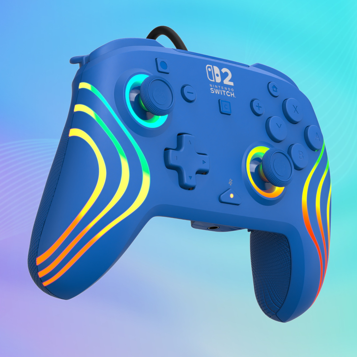 A blue Nintendo Switch controller with glowing yellow and orange stripes.