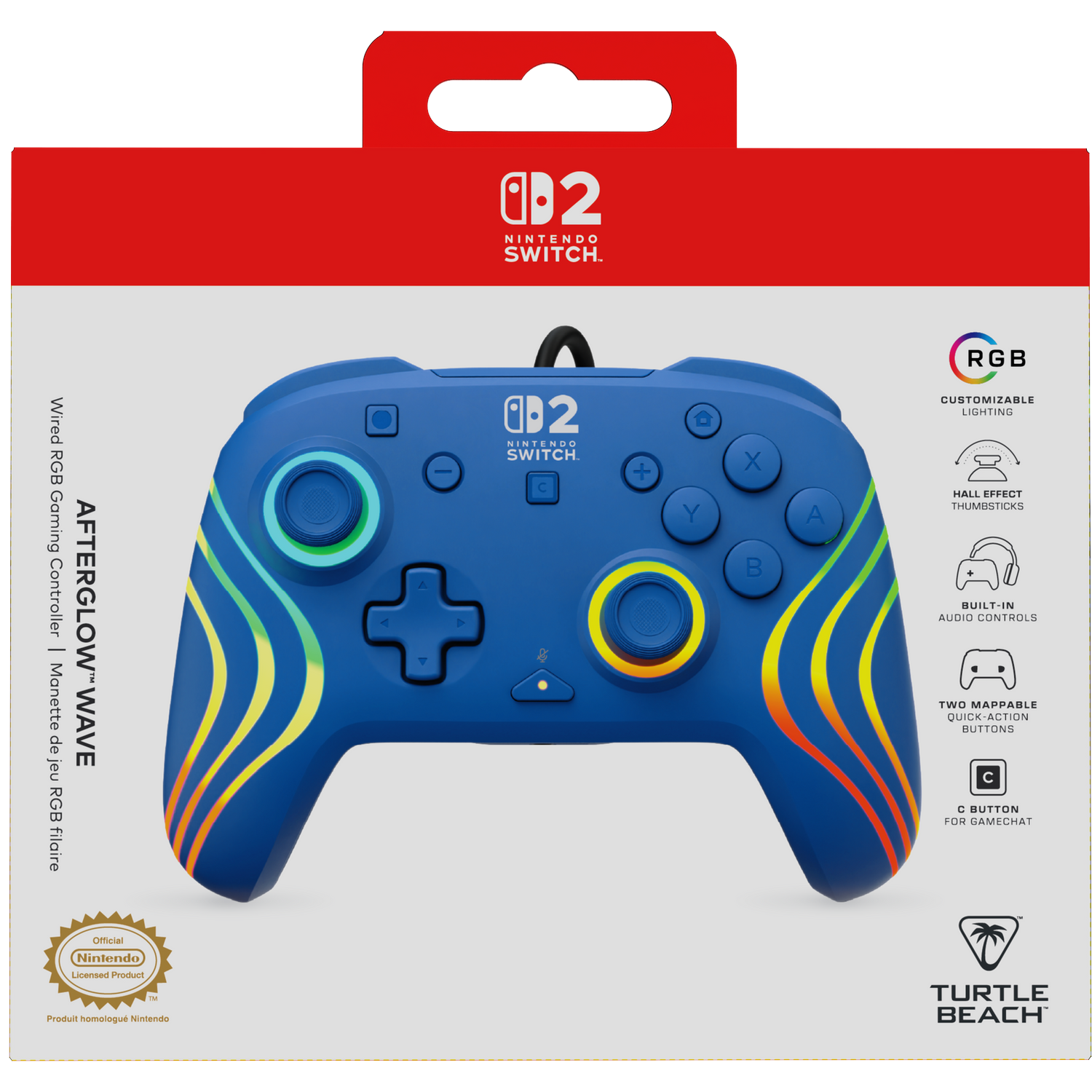 A blue Nintendo Switch controller with RGB wave pattern and Turtle Beach logo.