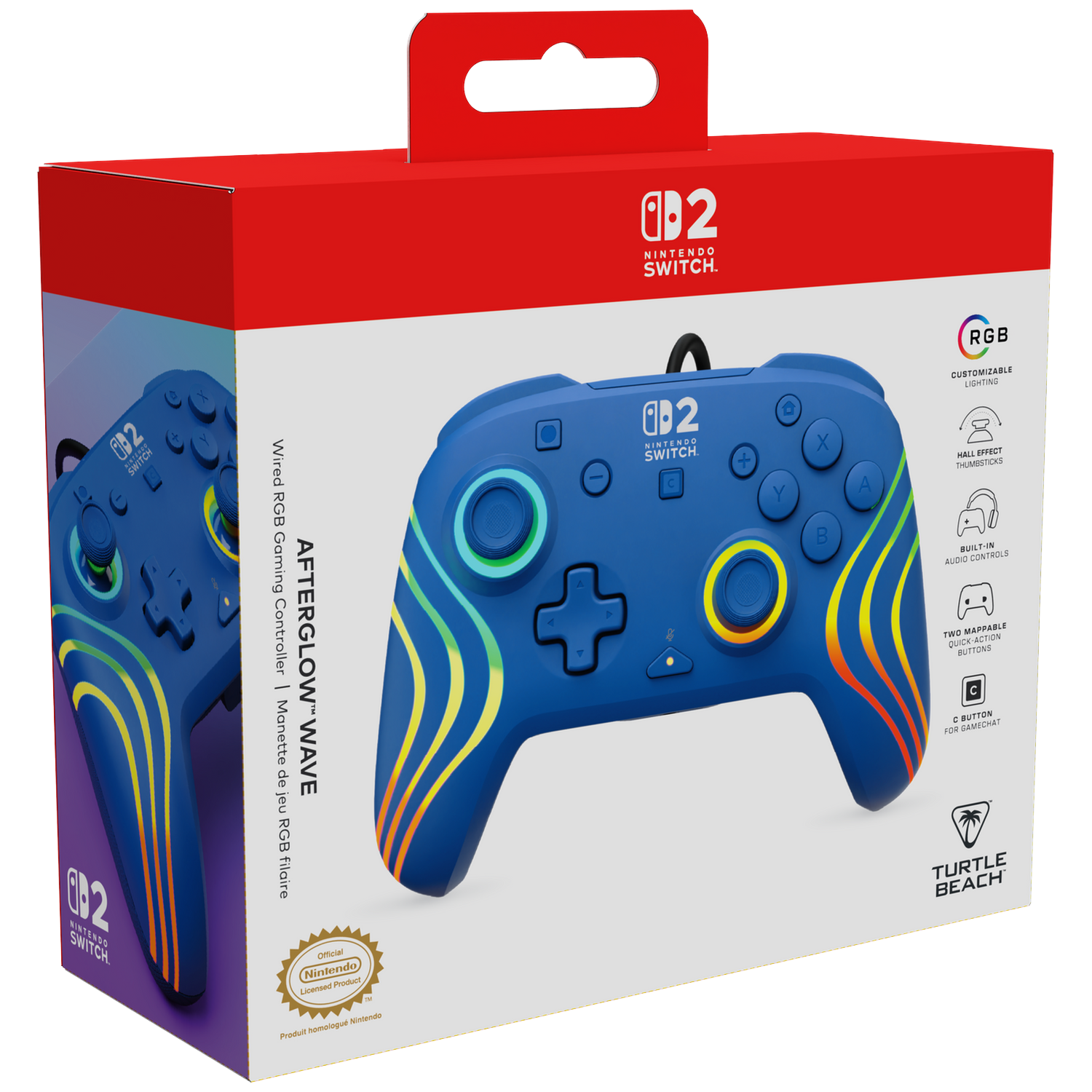 Blue Nintendo Switch controller box with colorful wave lines and controller image.