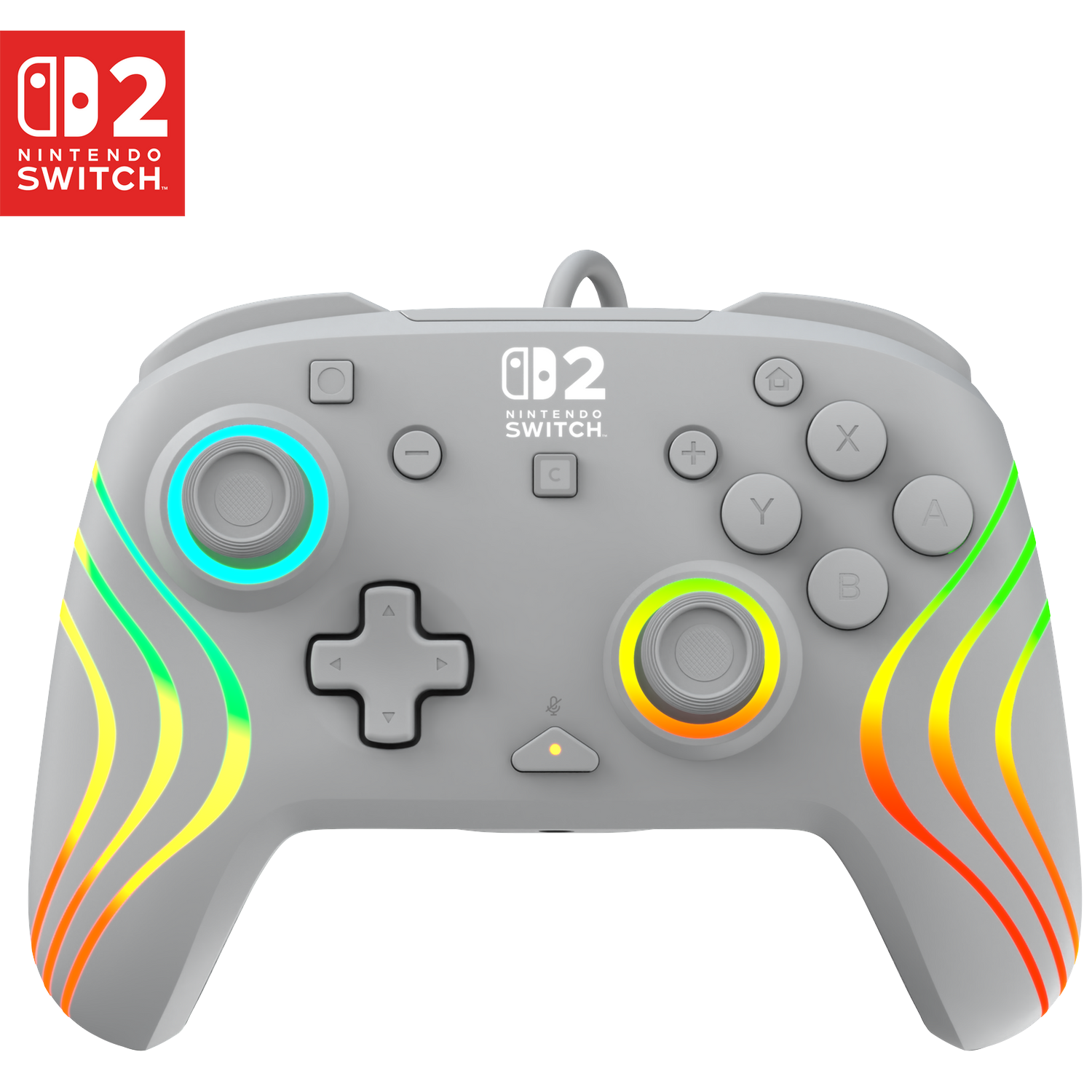 Gray Nintendo Switch controller with colorful LED accents and the Nintendo Switch logo.