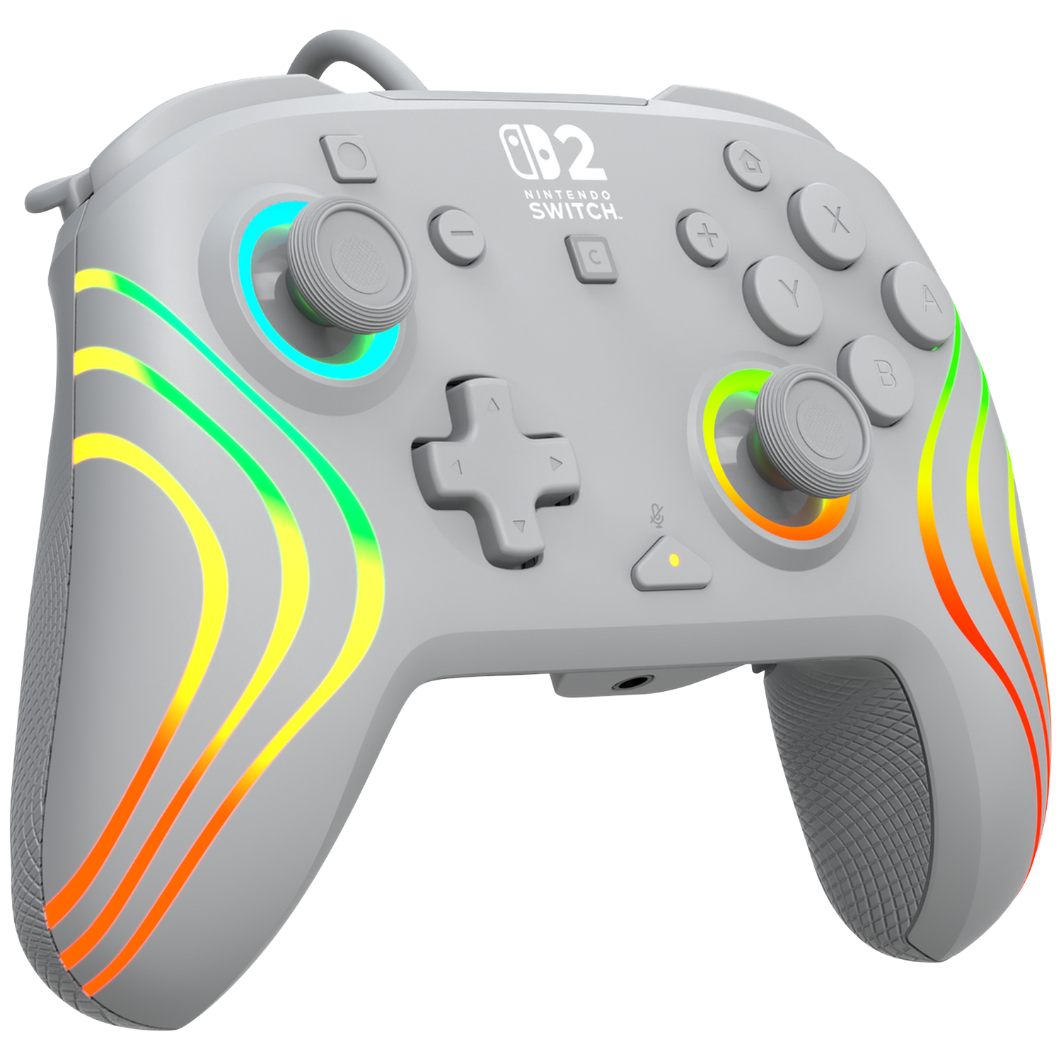 Gray Nintendo Switch controller with colorful light stripes and a black background.