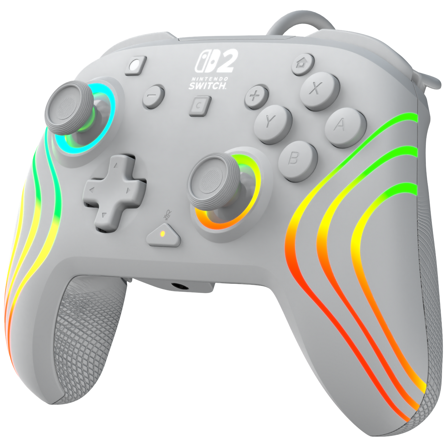 A white Nintendo Switch controller with colorful, curved LED lights.