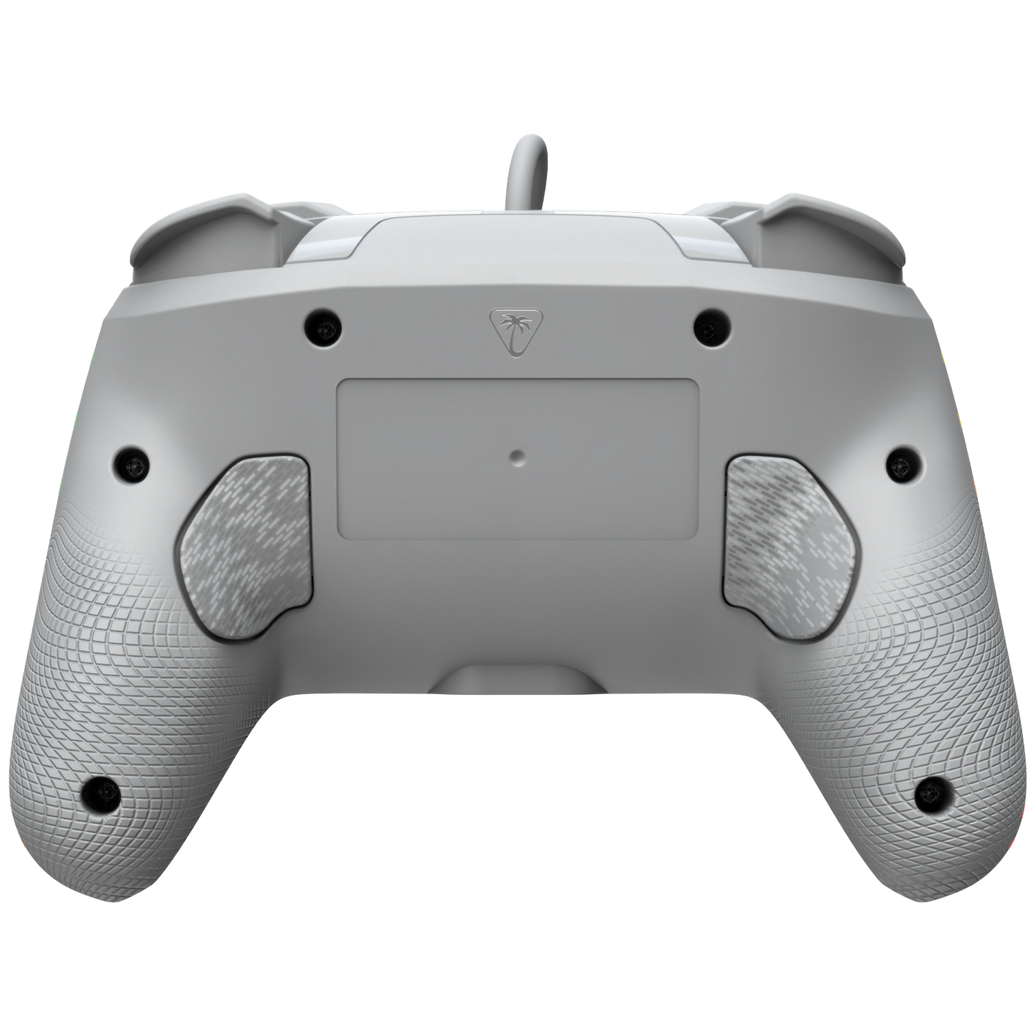 Gray gaming controller from the back with texture and screws.