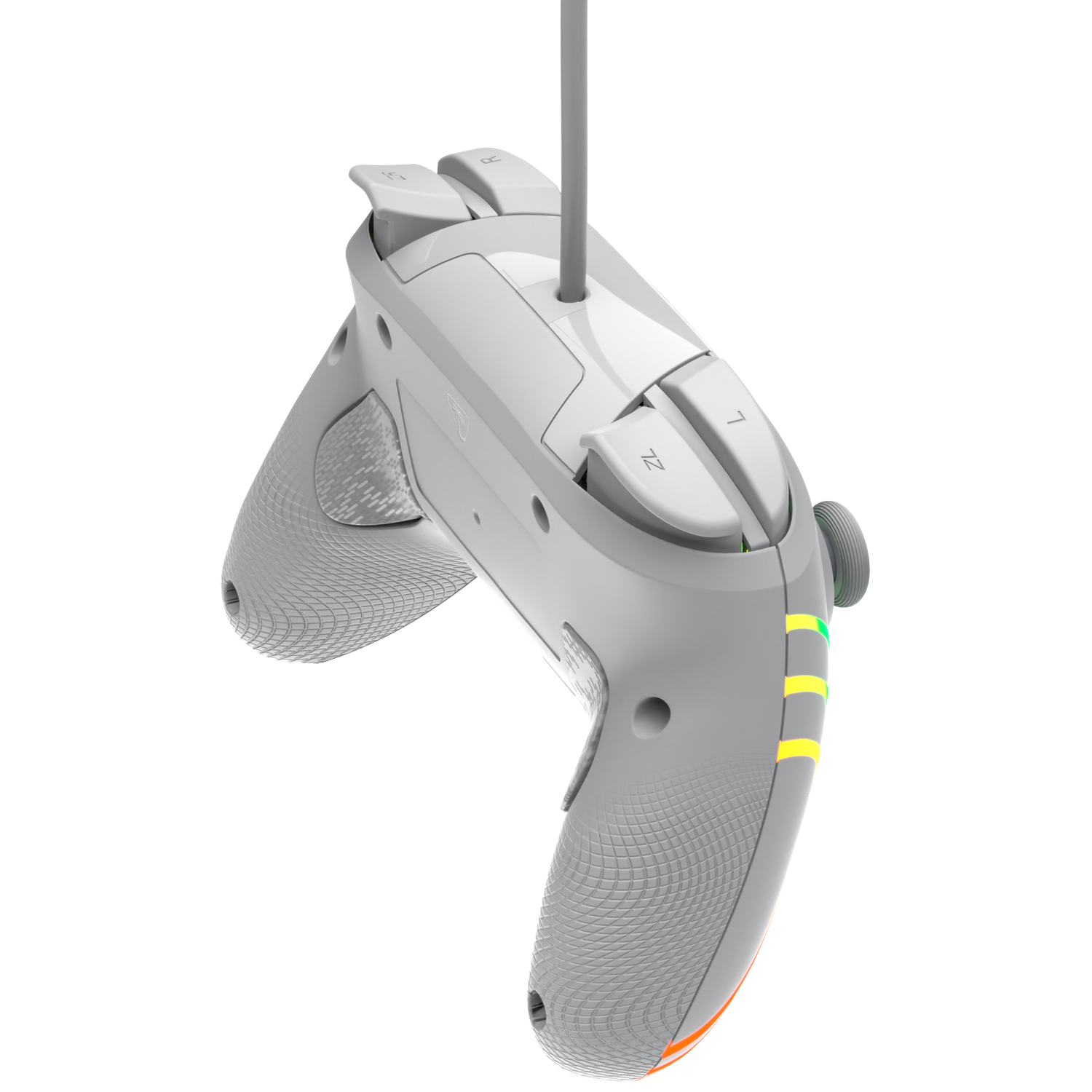 A white game controller with L, R, ZL, and L buttons, hanging from a cable.