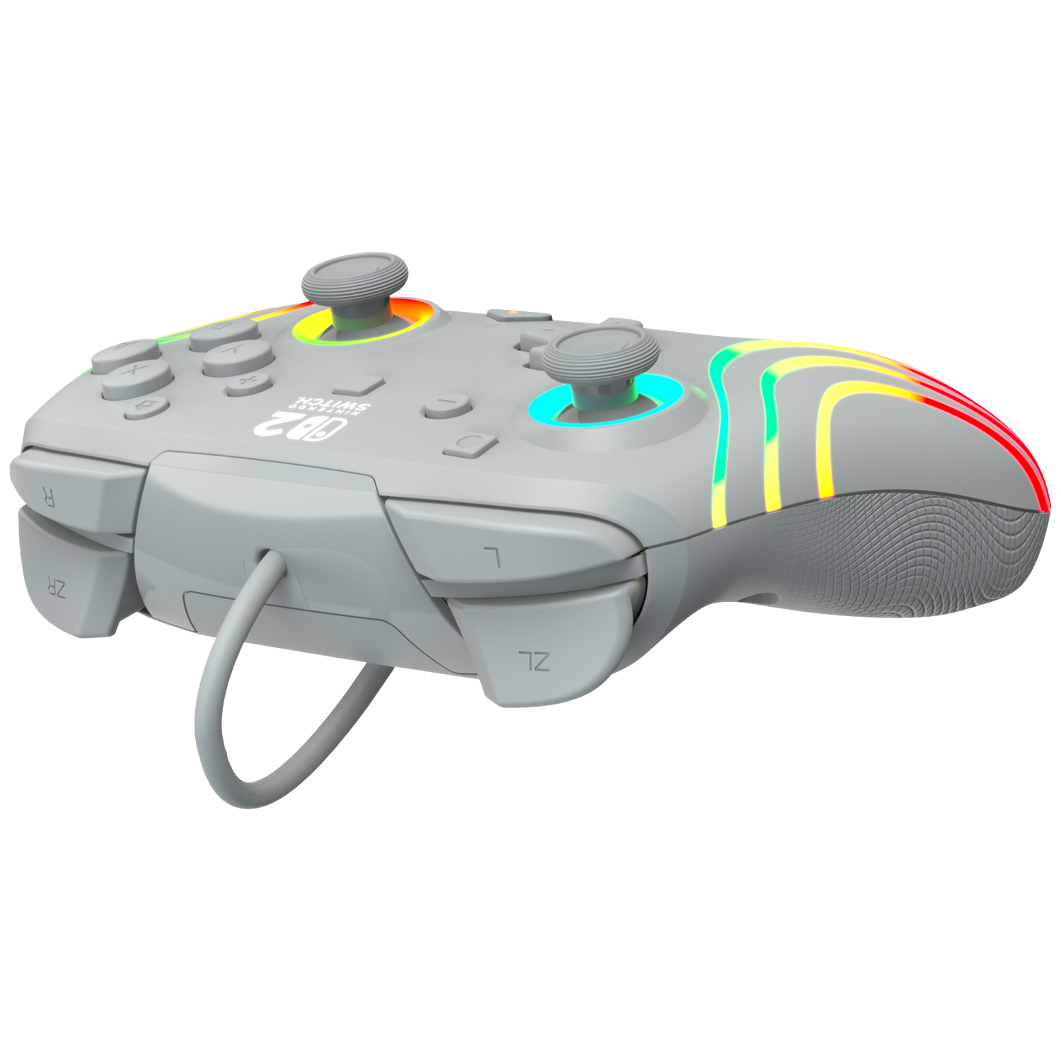 Gray gaming controller with colorful lights and joysticks.