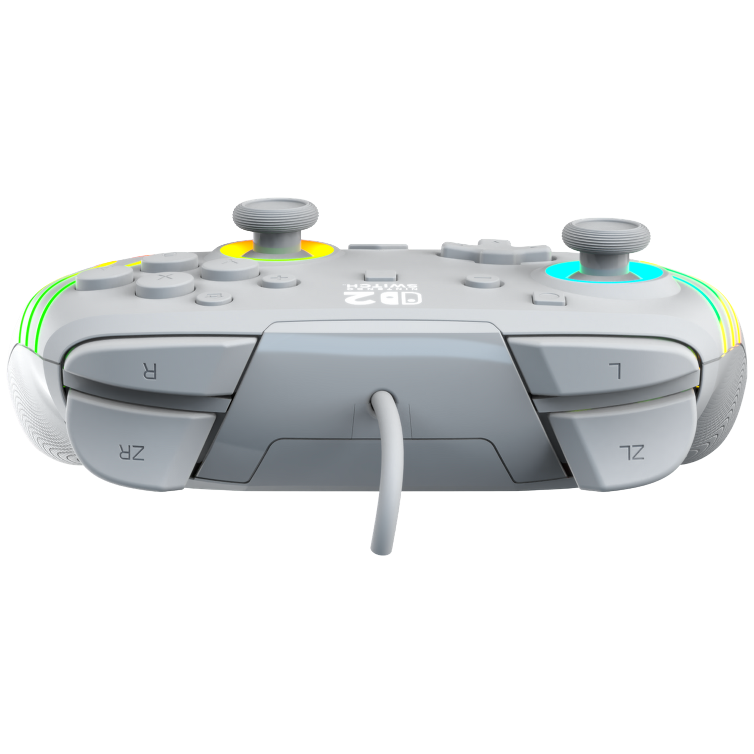 A white controller with colorful lights and joysticks.