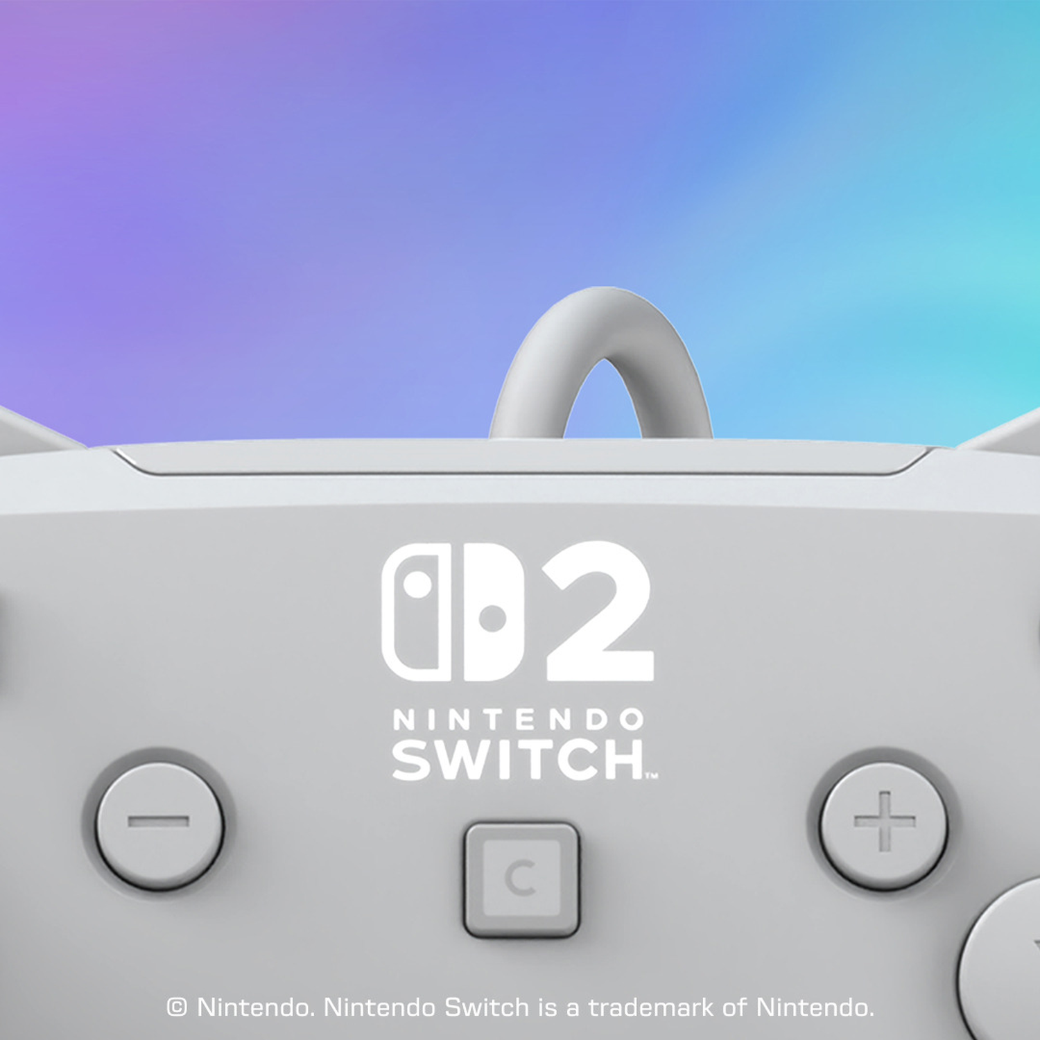 A white Nintendo Switch controller with logo on a gradient background.