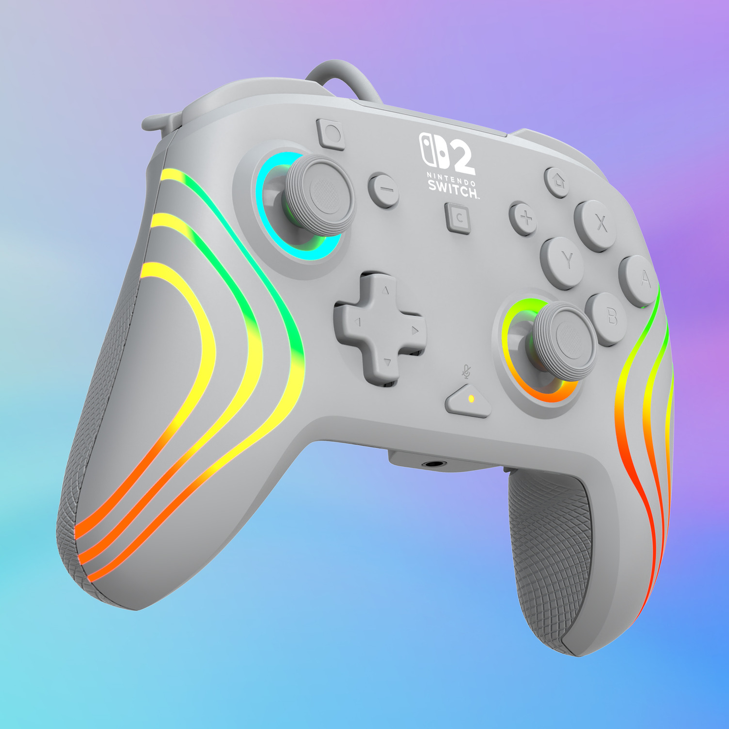 A gray Nintendo Switch controller with colorful rainbow LED accents is displayed on a gradient background.