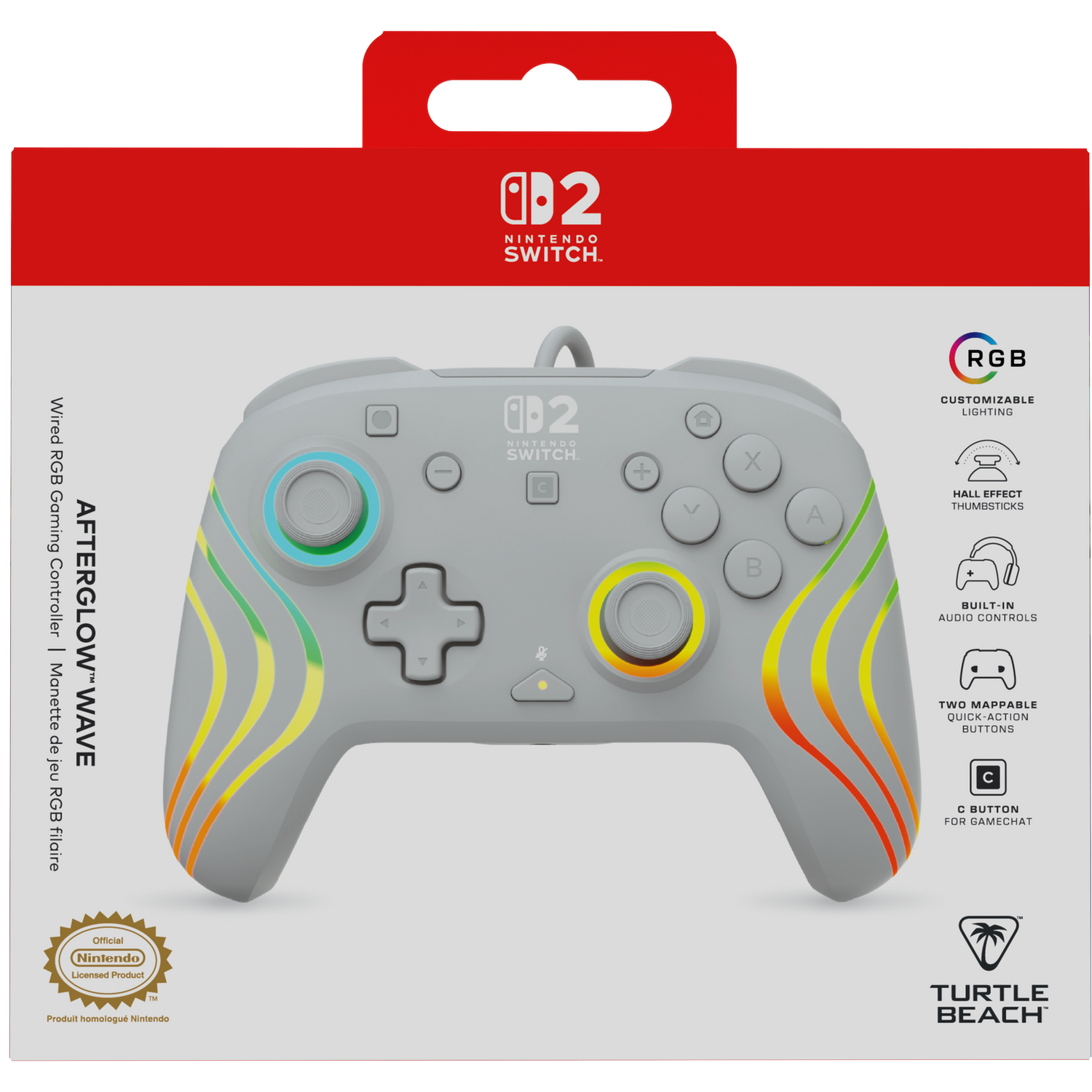 Gray Nintendo Switch controller with RGB wave design and Turtle Beach logo.