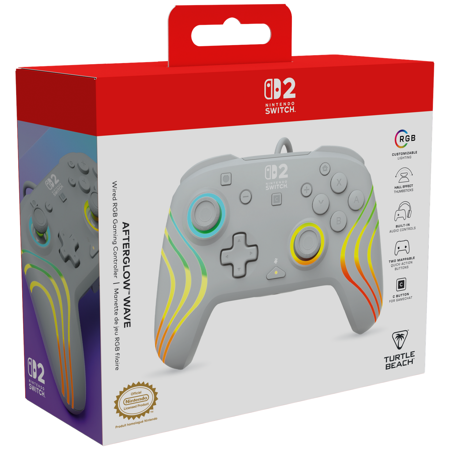 Gray Nintendo Switch controller with rainbow wave pattern.