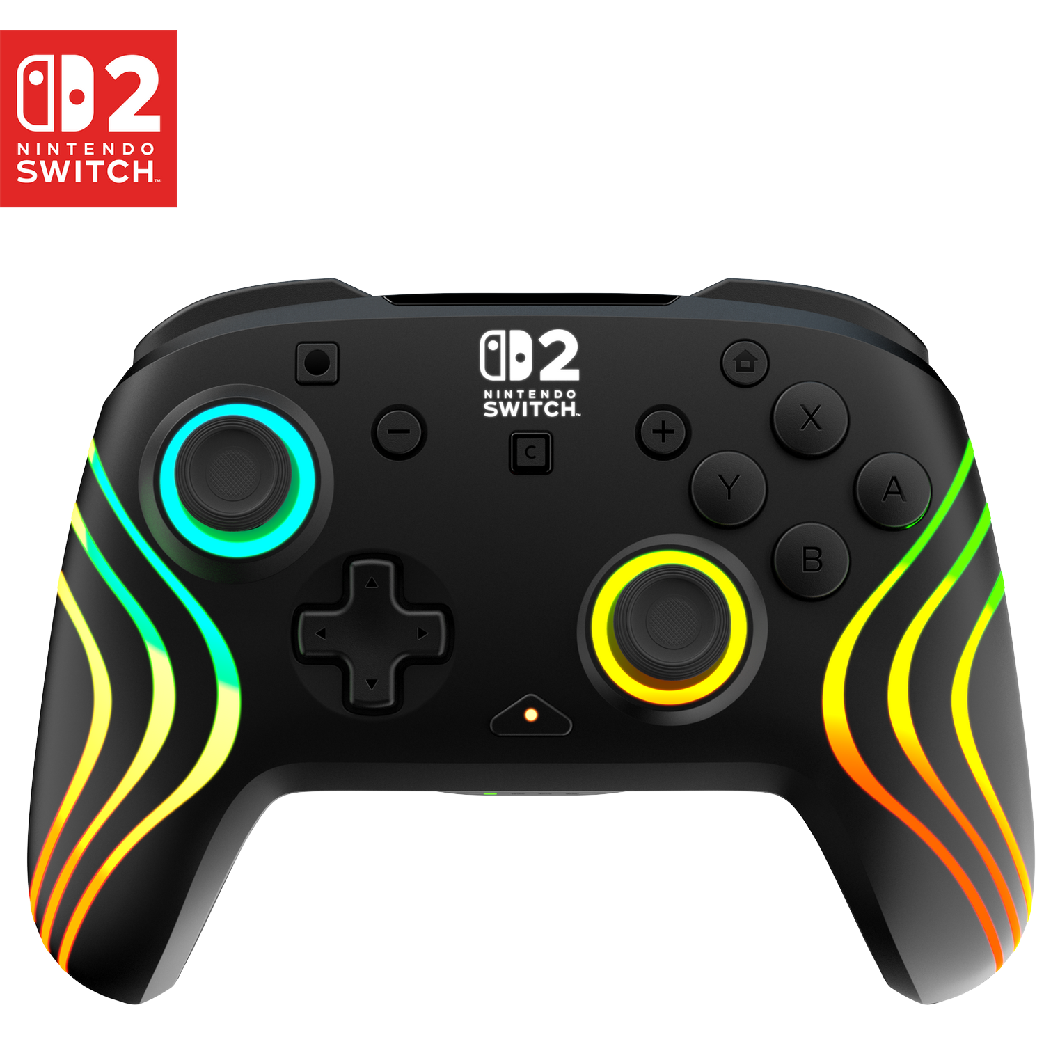 Zwarte Nintendo Switch controller met kleurrijke lichtstrips en logo.