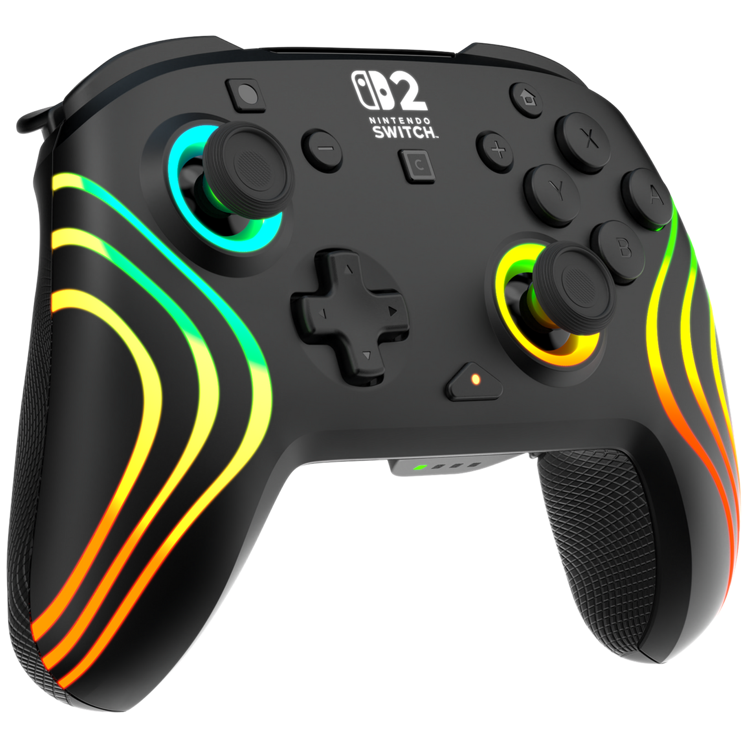 Zwarte Nintendo Switch controller met kleurrijke lichtstrips.