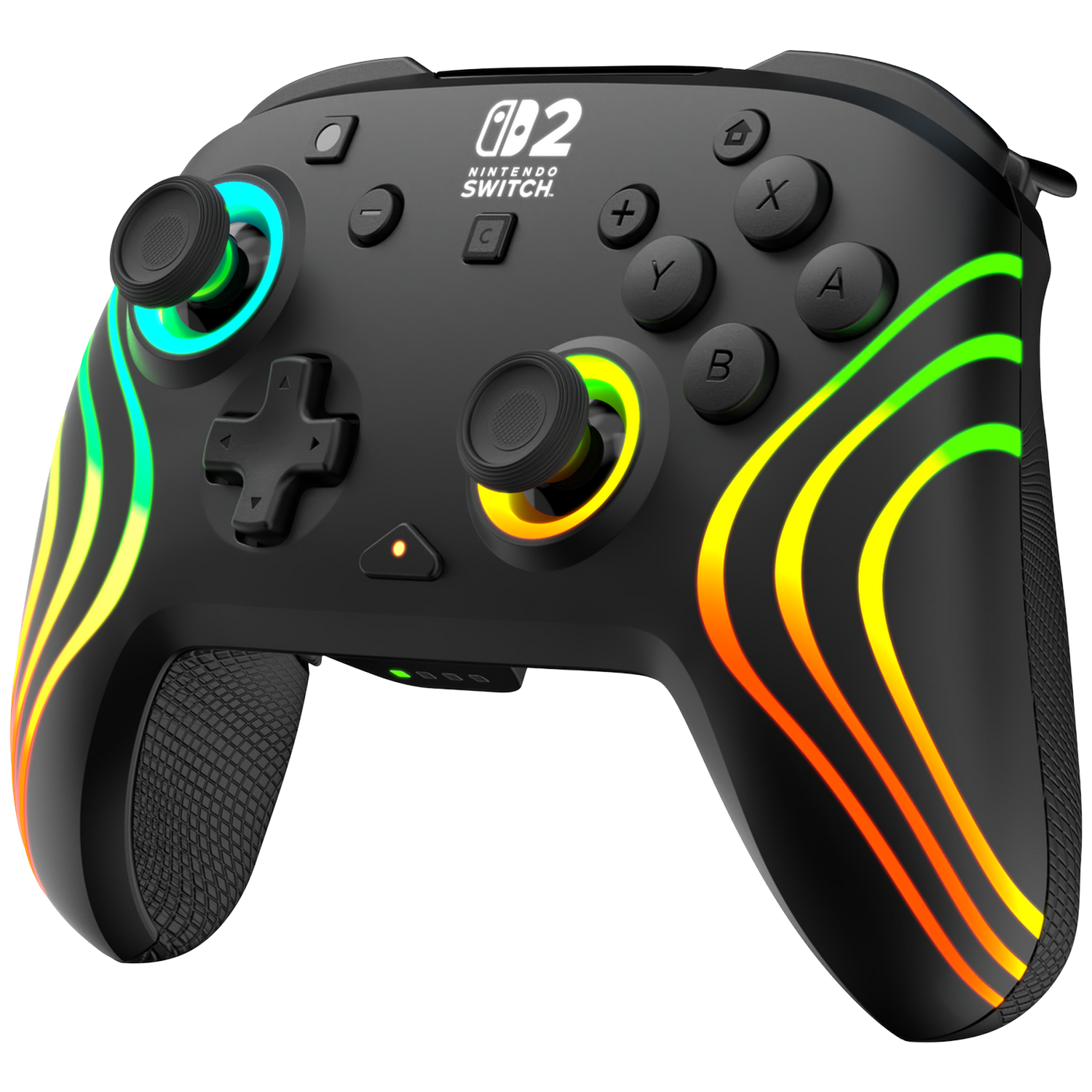 Zwarte Nintendo Switch controller met kleurrijke LED-lichtaccenten aan de zijkanten.